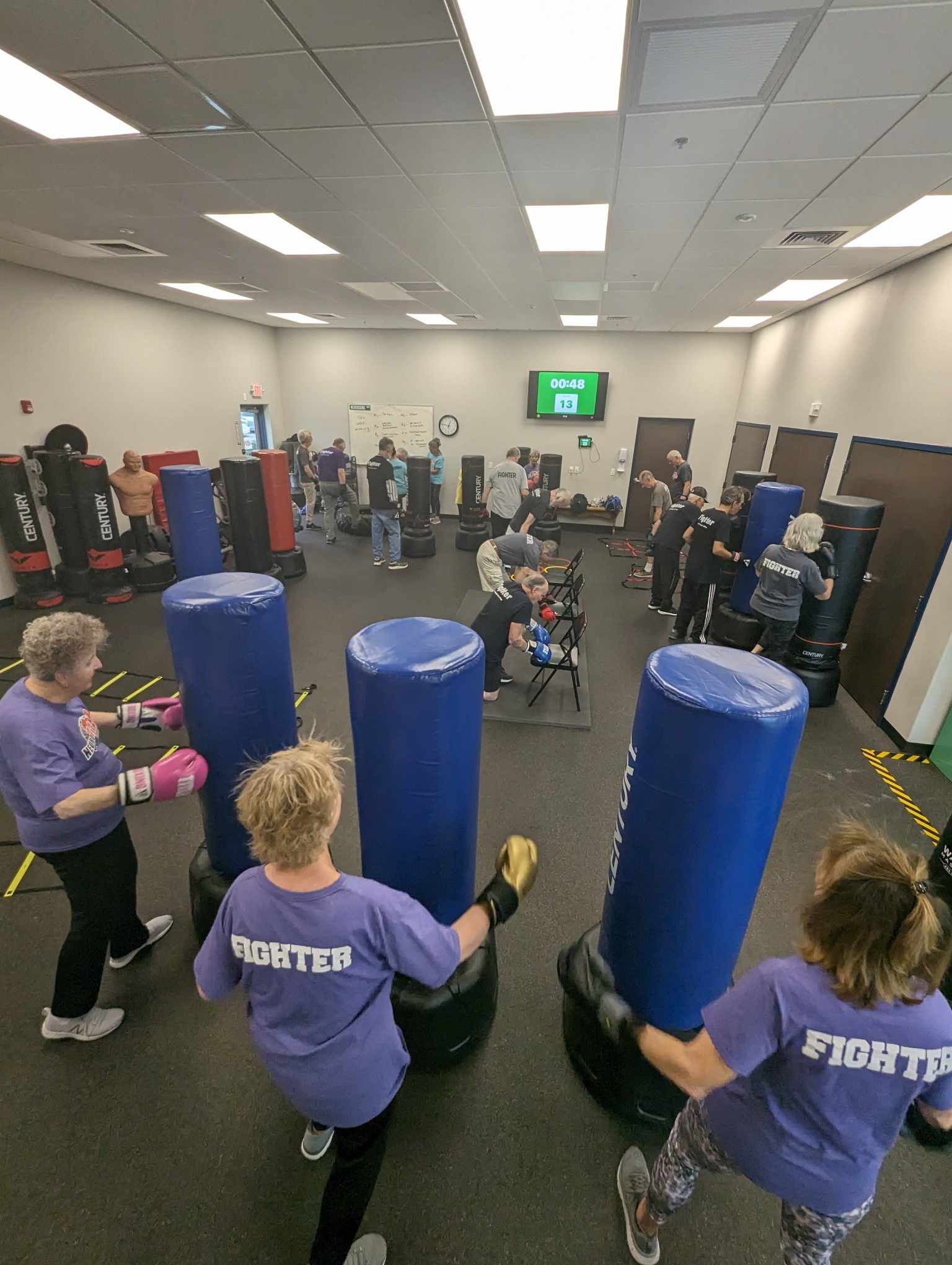 People practicing martial arts with blue punching bags in a gym, some wearing purple shirts, others observing or training.