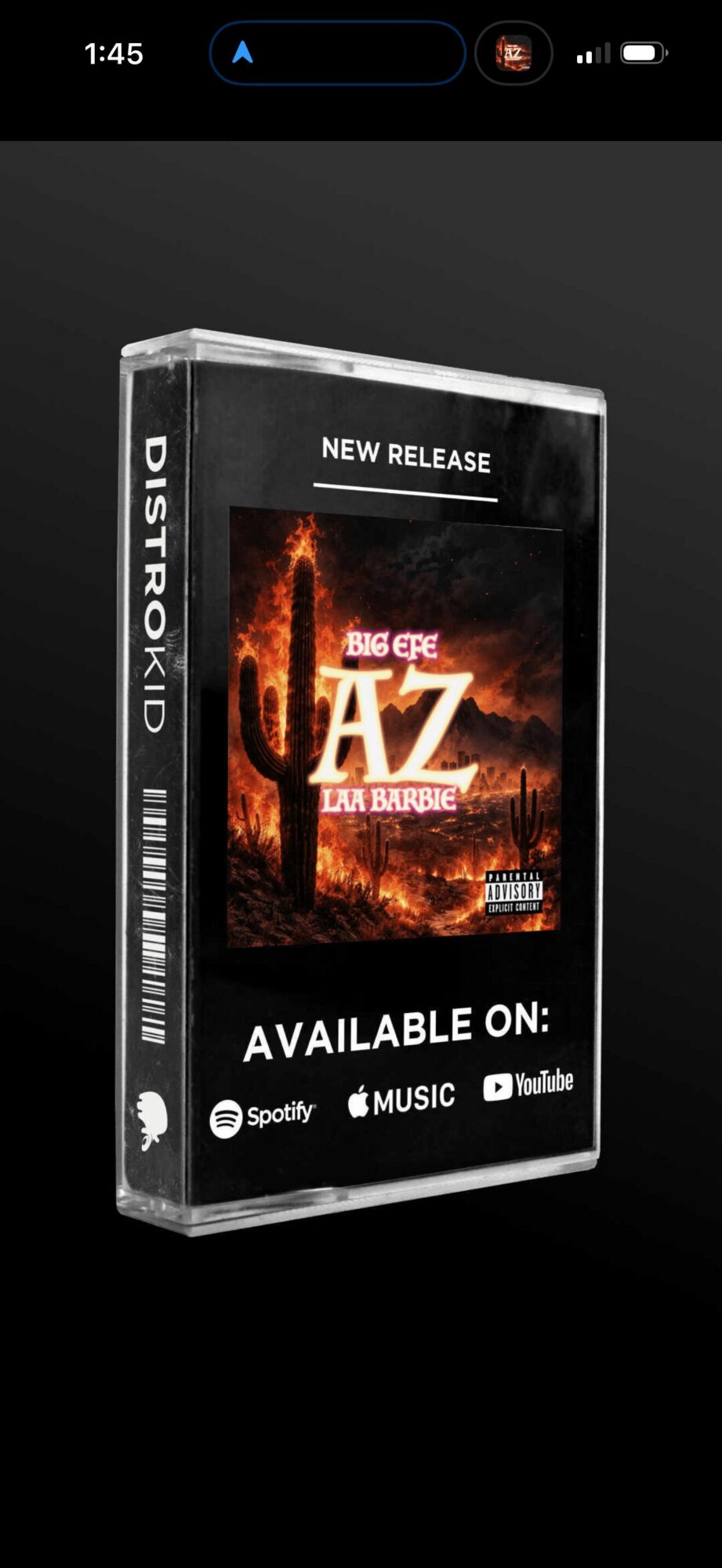 Promotional image of a DVD case for 'AZ' with fire background, available on Spotify, Apple Music, and YouTube, with text 'New Release'.
