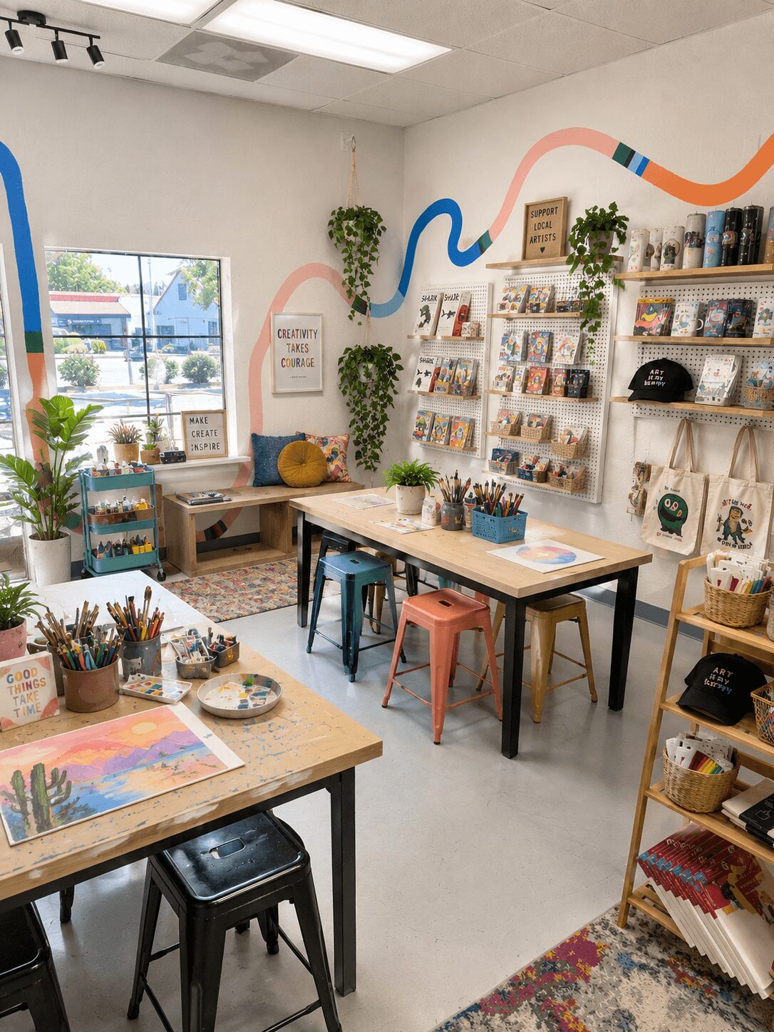 Interior of a colorful craft or bookstore with tables, shelves, plants, and art supplies, bright natural light from window.