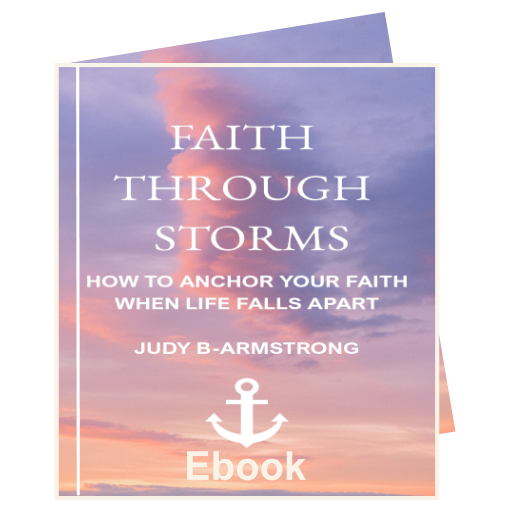 Cover of an ebook titled 'Faith Through Storms' with a sky background and an anchor symbol.