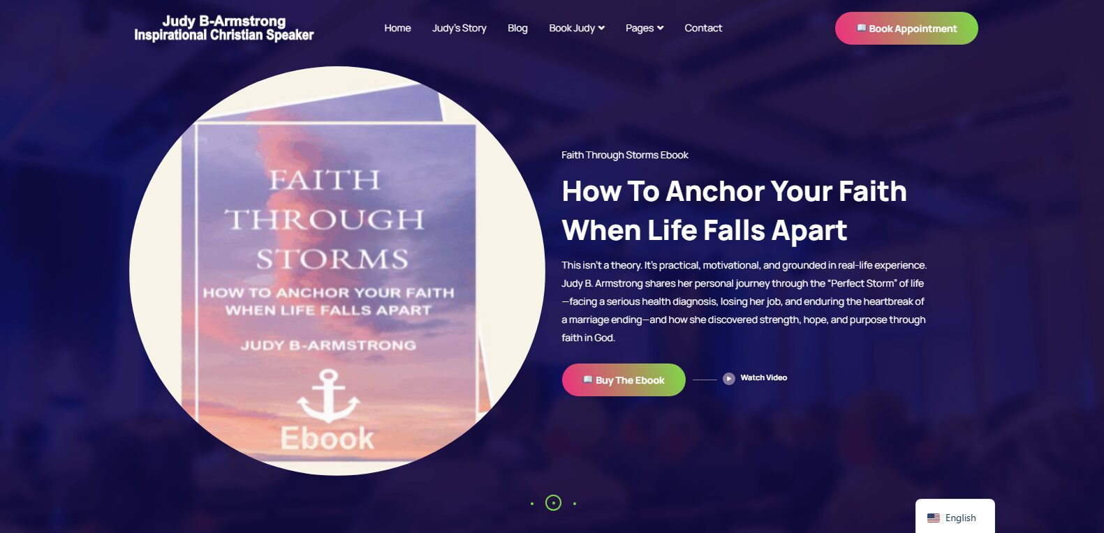 Book cover titled 'Faith Through Storms' with an anchor symbol, pink and purple background, and subtitle about faith and life.
