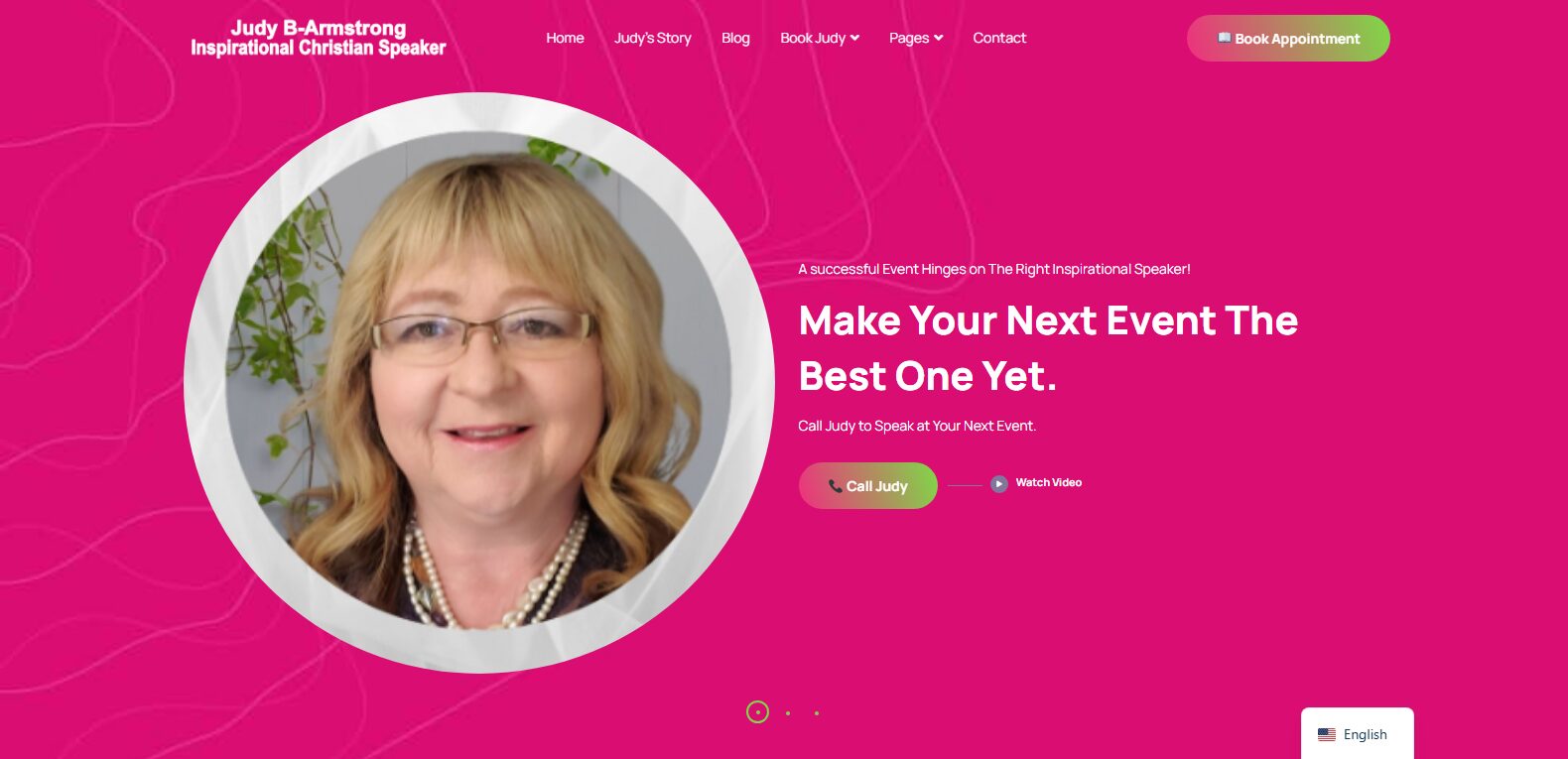 A smiling woman with blonde hair and glasses inside a circular frame on a pink background.