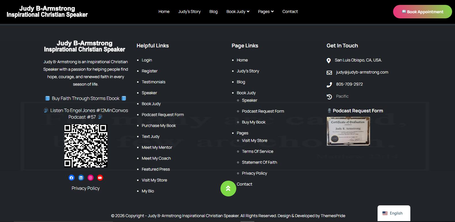 Footer section with contact info, links, and a QR code, on a dark background with white and pink text.