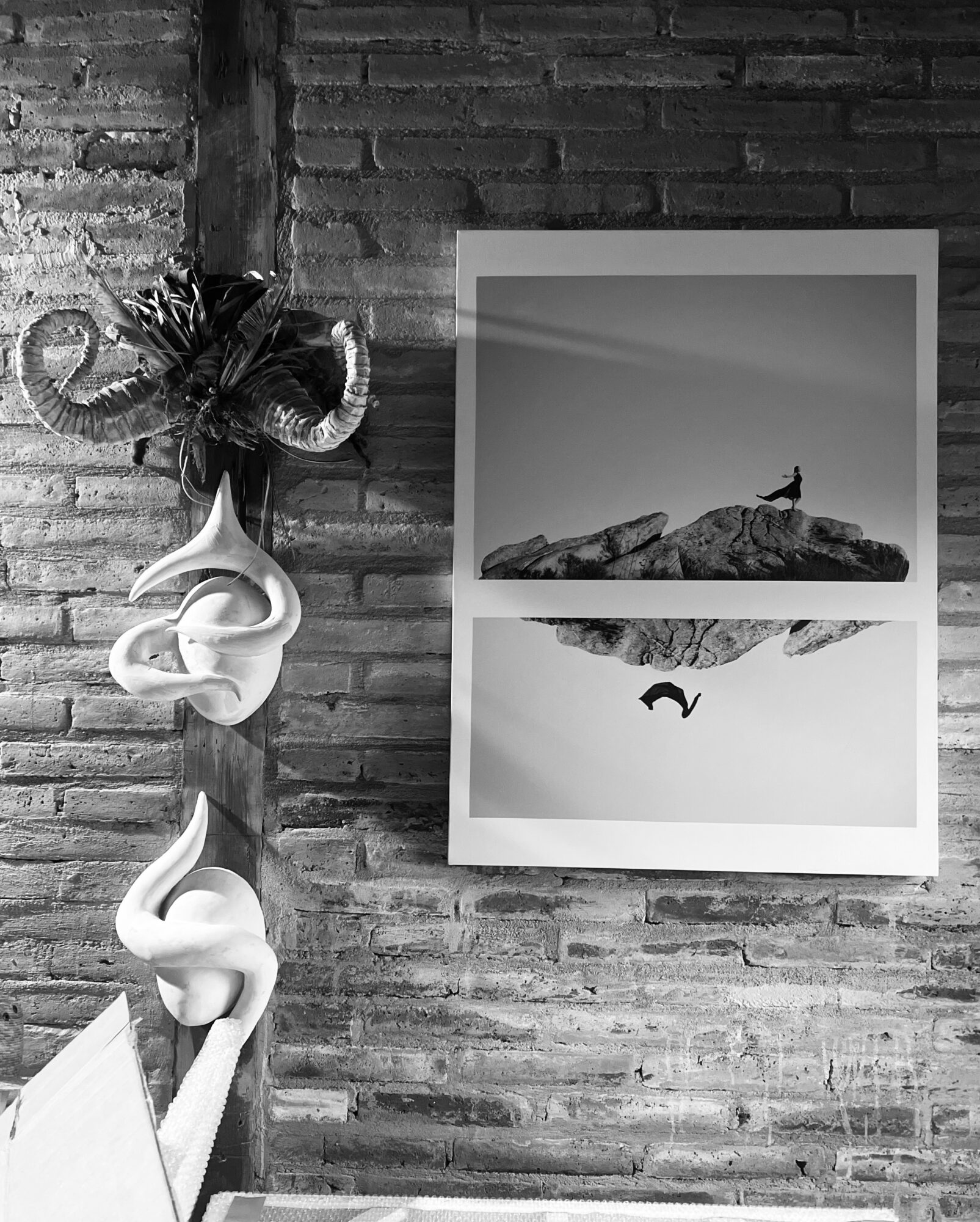Decorative wall with a framed black-and-white photograph of a bird on rocks, and a white ceramic flamingo sculpture, against a brick wall.