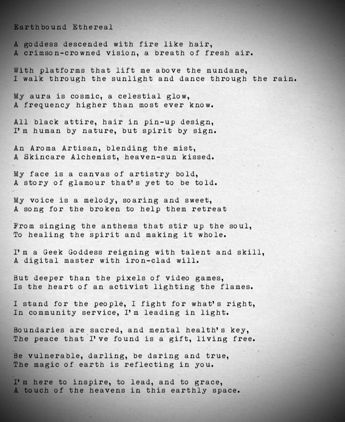 Poem about a goddess, nature, and spiritual themes, with references to dance, music, and celestial imagery.