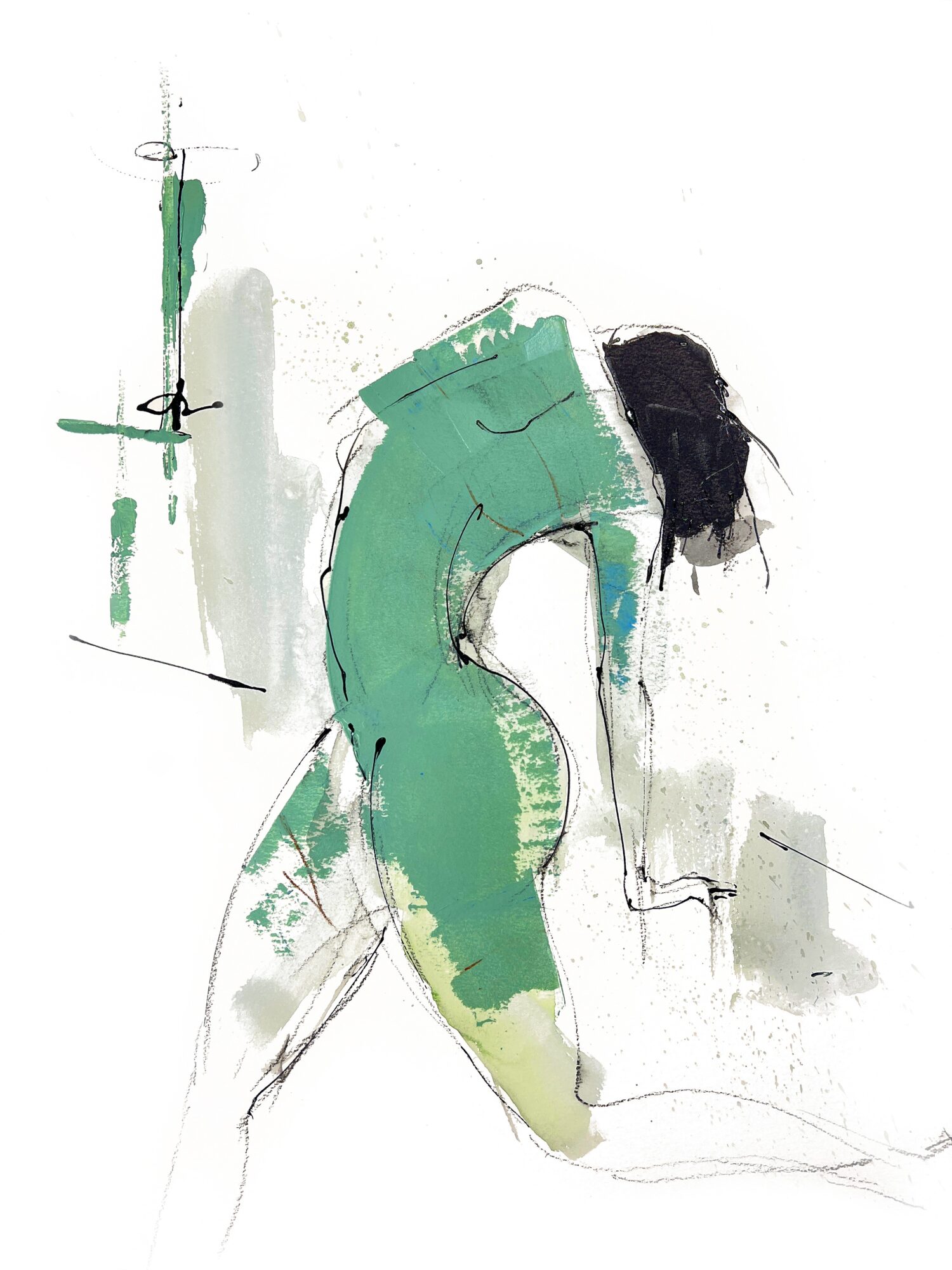 A person with dark hair bends forward, wearing a green outfit, in a minimalistic setting.