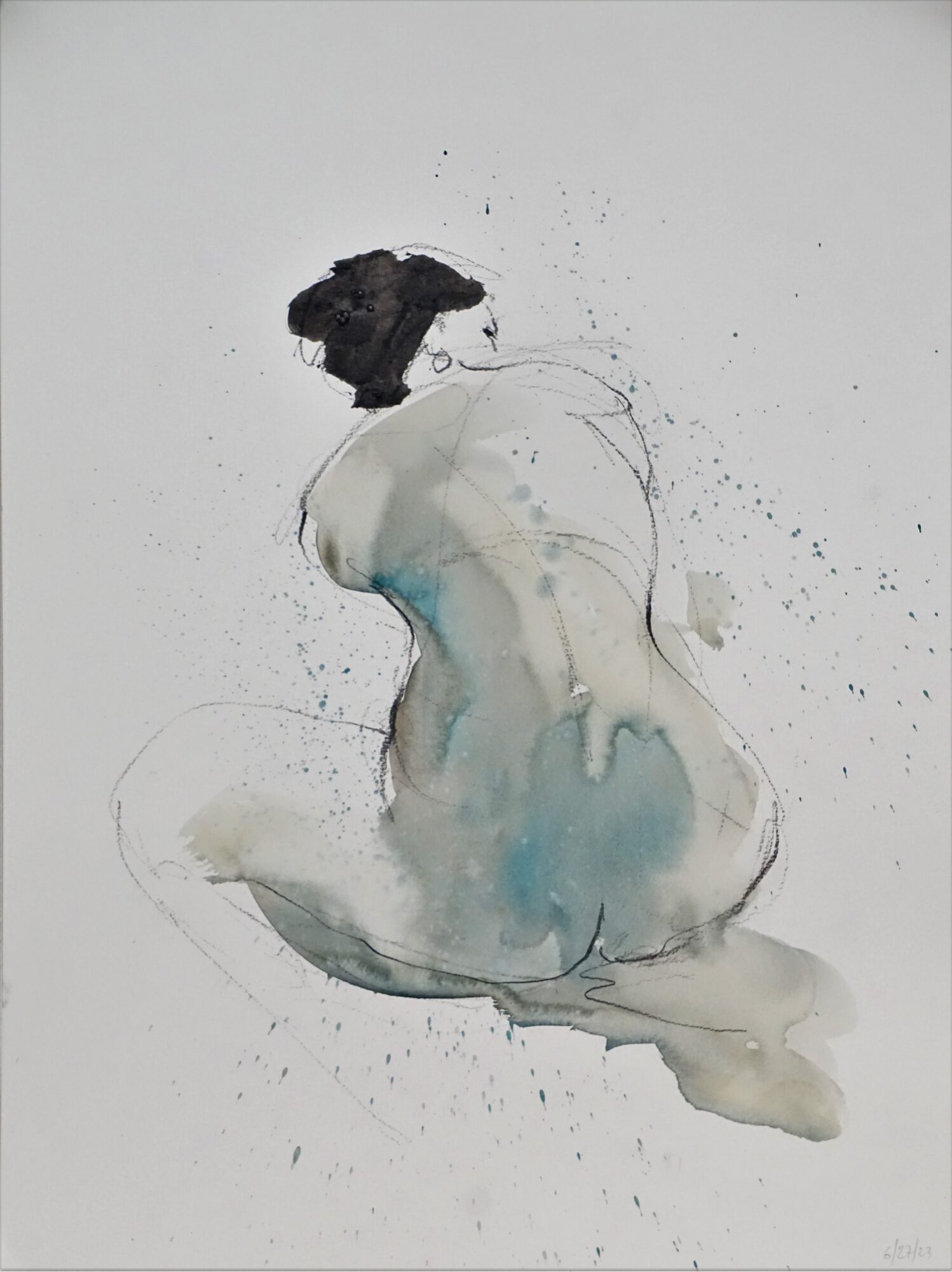 Abstract watercolor painting of a seated figure with a black head and blue and gray body, on a white background.