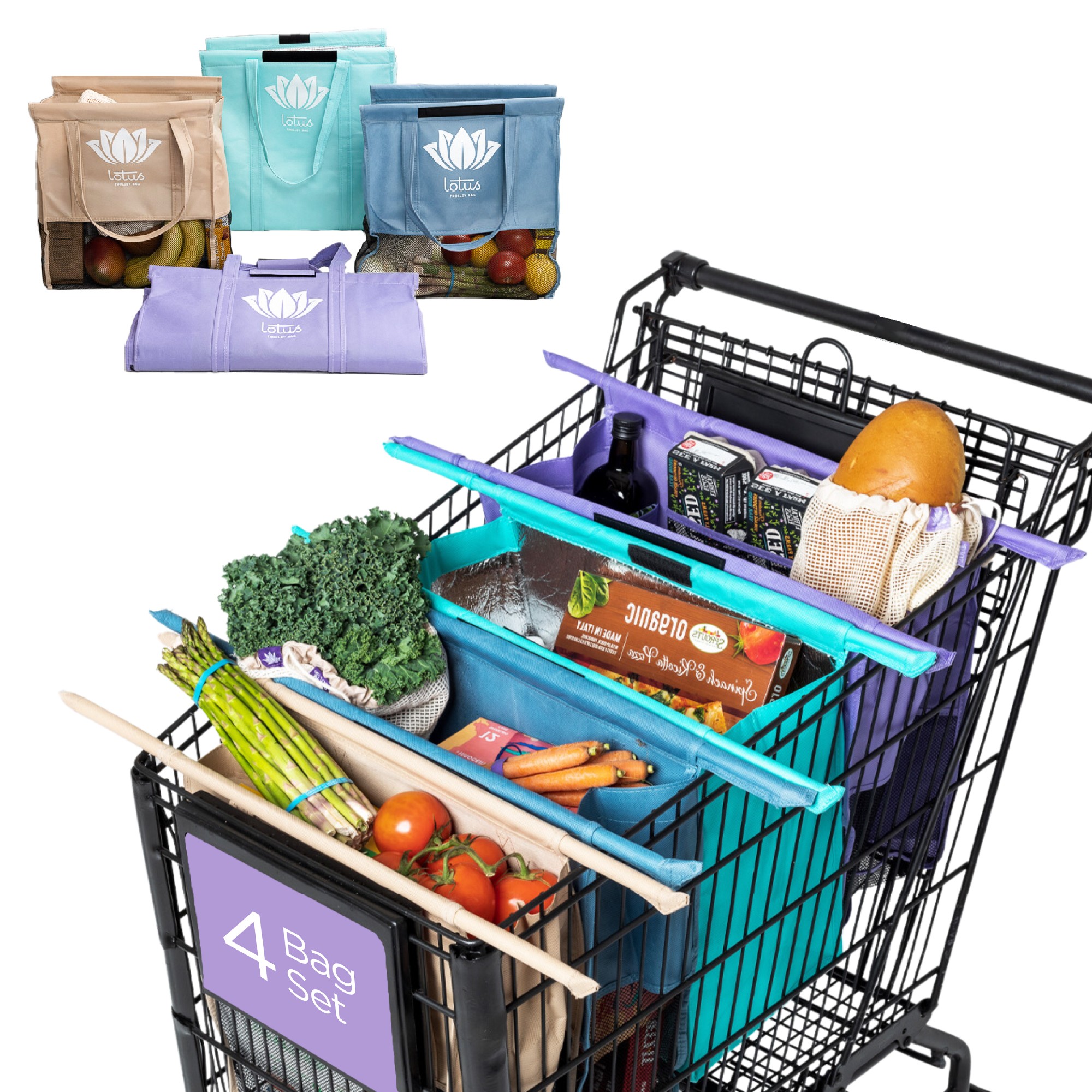 Shopping cart filled with groceries including vegetables, bread, and bottles, with packaged items in the background.