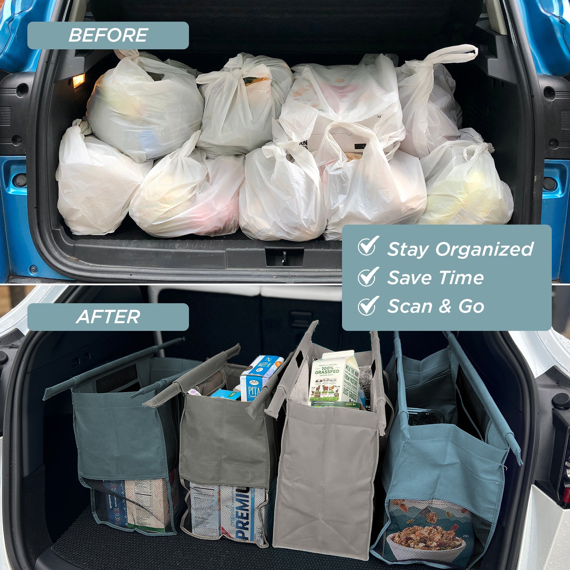 Car trunk filled with organized grocery bags, showing before and after organization, with checkmarks for benefits.