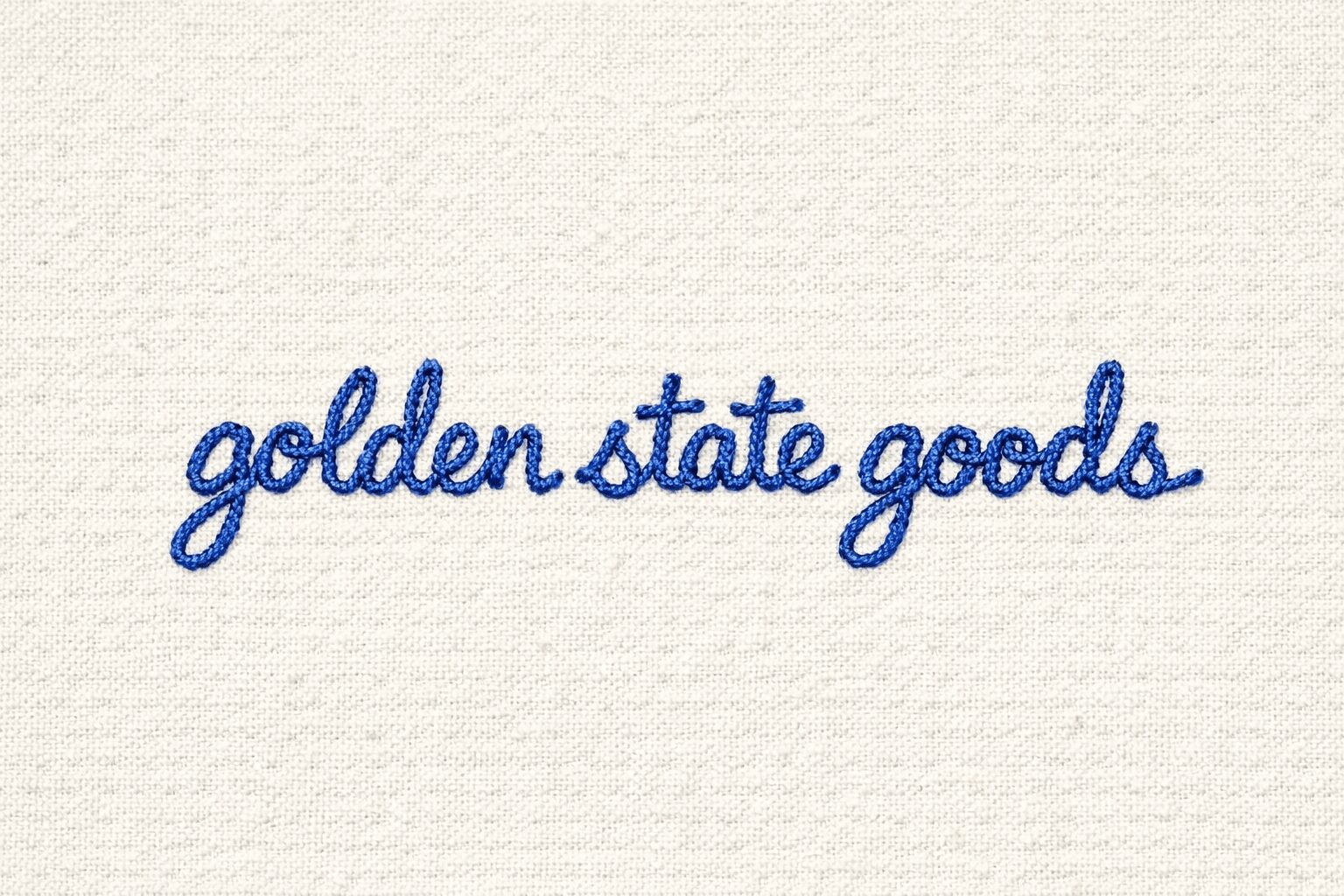 Text reads 'golden state goods' in blue cursive on a light background.