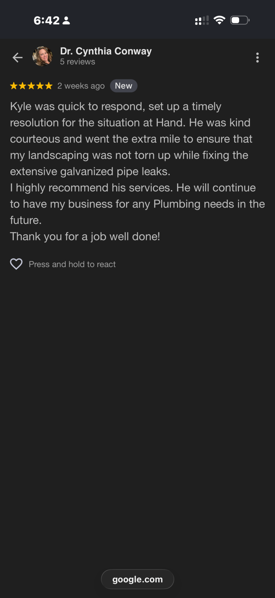 Screenshot of a message thanking someone for their work and wishing success in future plumbing endeavors.