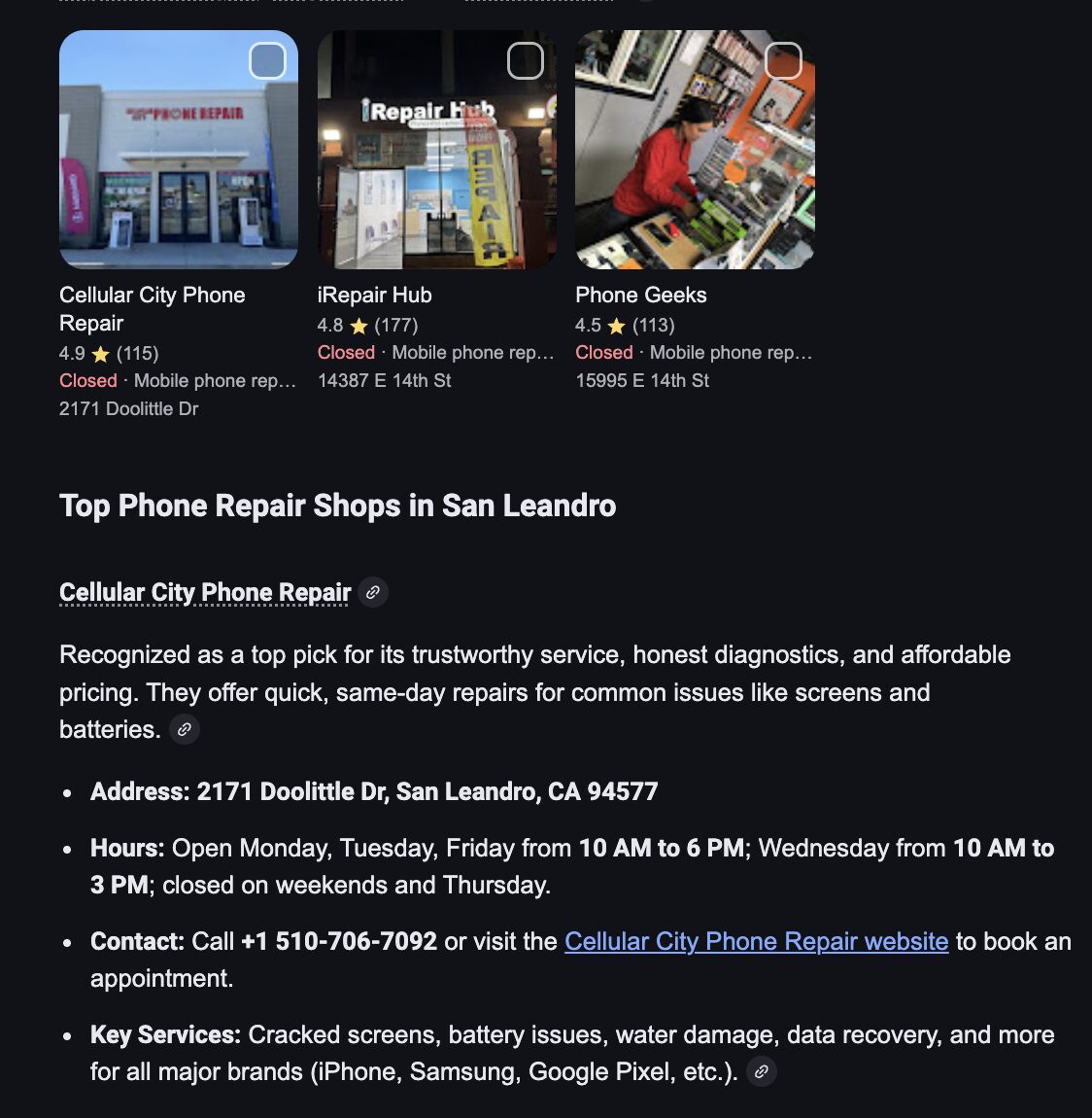 Screenshot of a webpage listing top phone repair shops in San Leandro, including addresses, hours, and contact info.