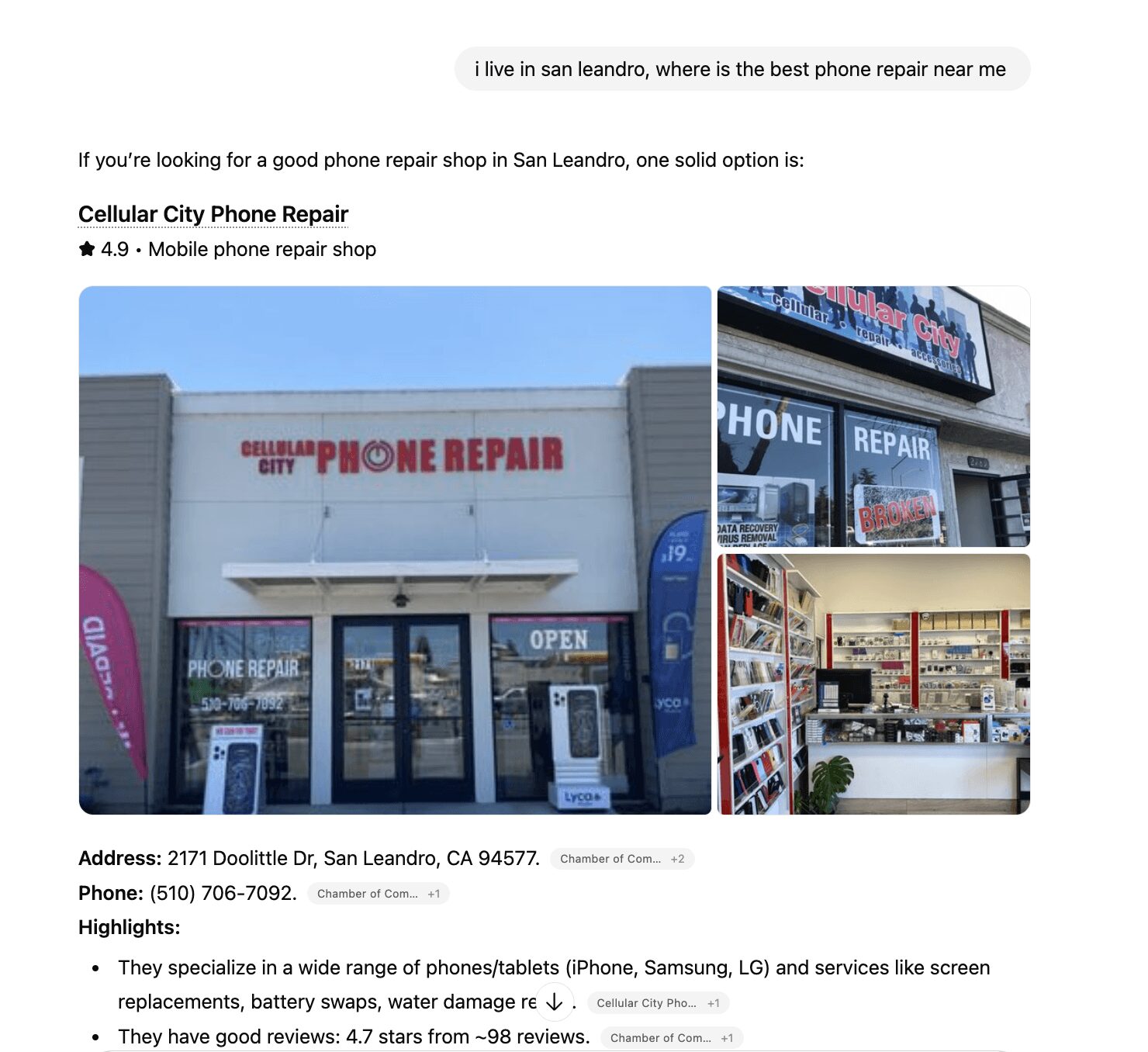 Photo of a cellphone repair shop with a sign reading 'Cellular City Phone Repair' and an open sign in the window.