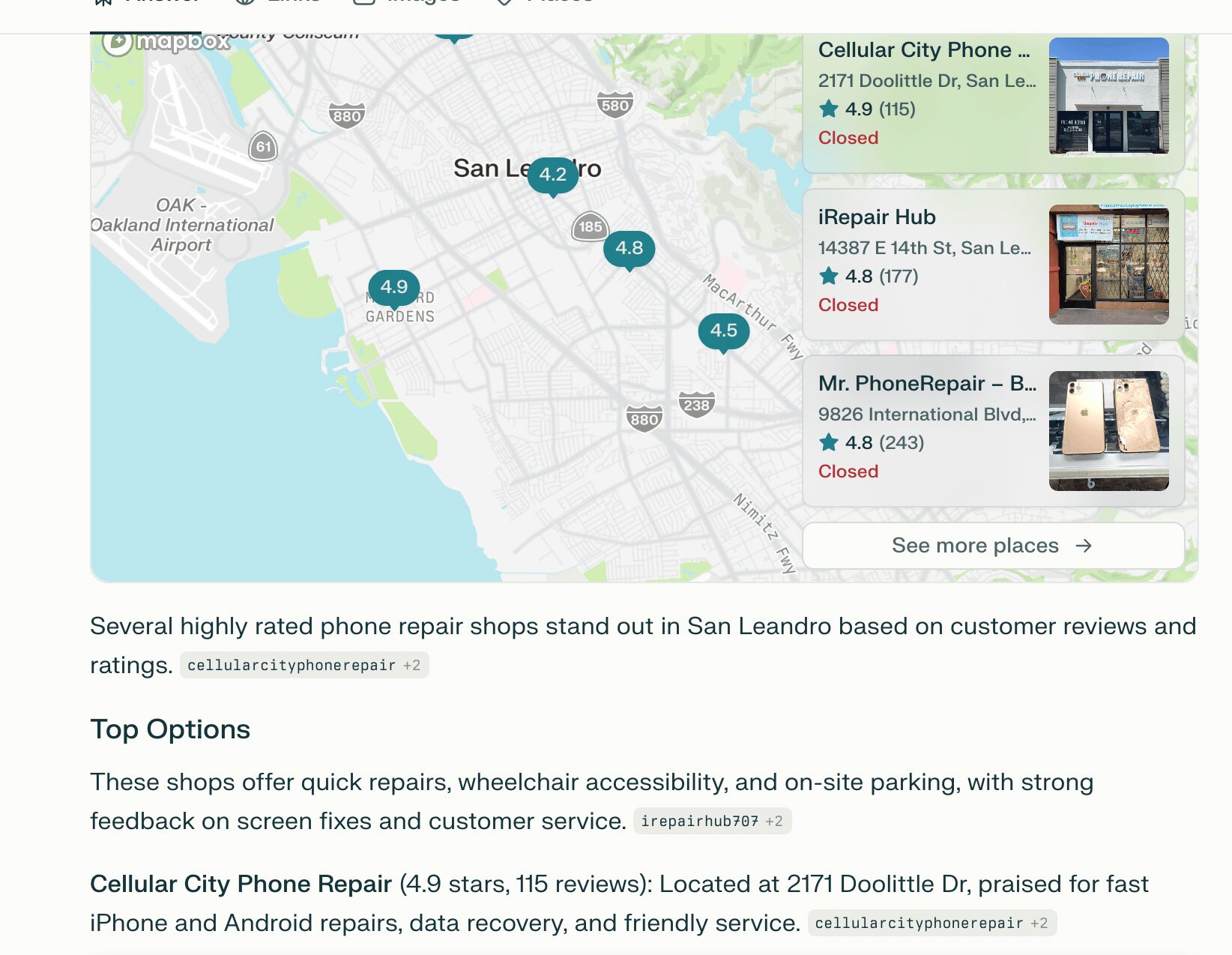 Map showing phone repair shops in San Leandro with ratings and locations, including Cellular City Phone and Mr. PhoneRepair.