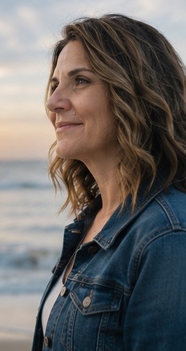 Side profile of a woman with wavy hair wearing a denim jacket, outdoors near water at sunset.