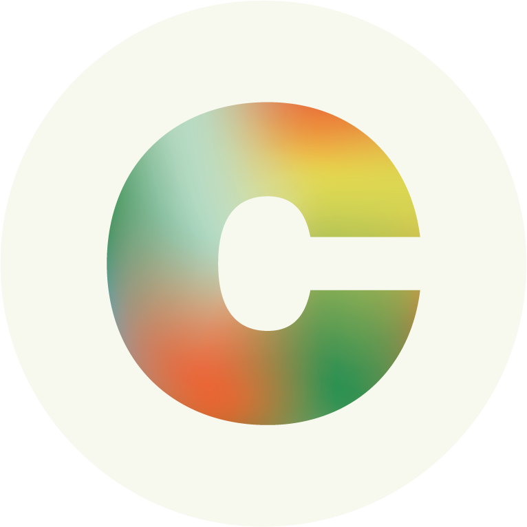 Colorful letter C inside a white circle with a black background.