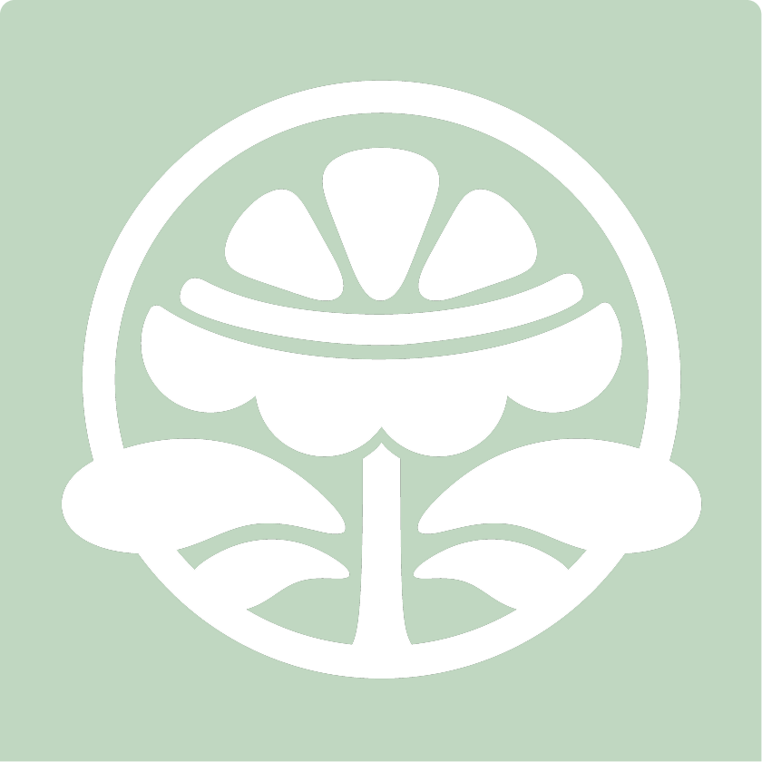 White floral emblem with symmetrical petals and leaves on a light green background.