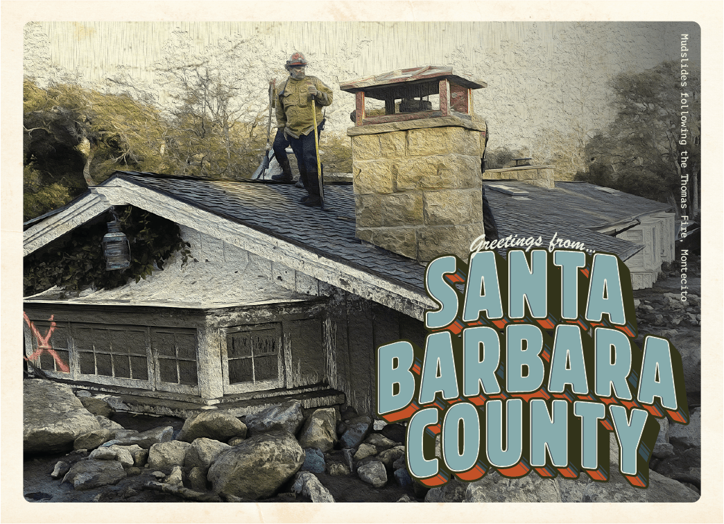 Person standing on roof of house with chimney, trees in background, and text reading 'Santa Barbara County'.