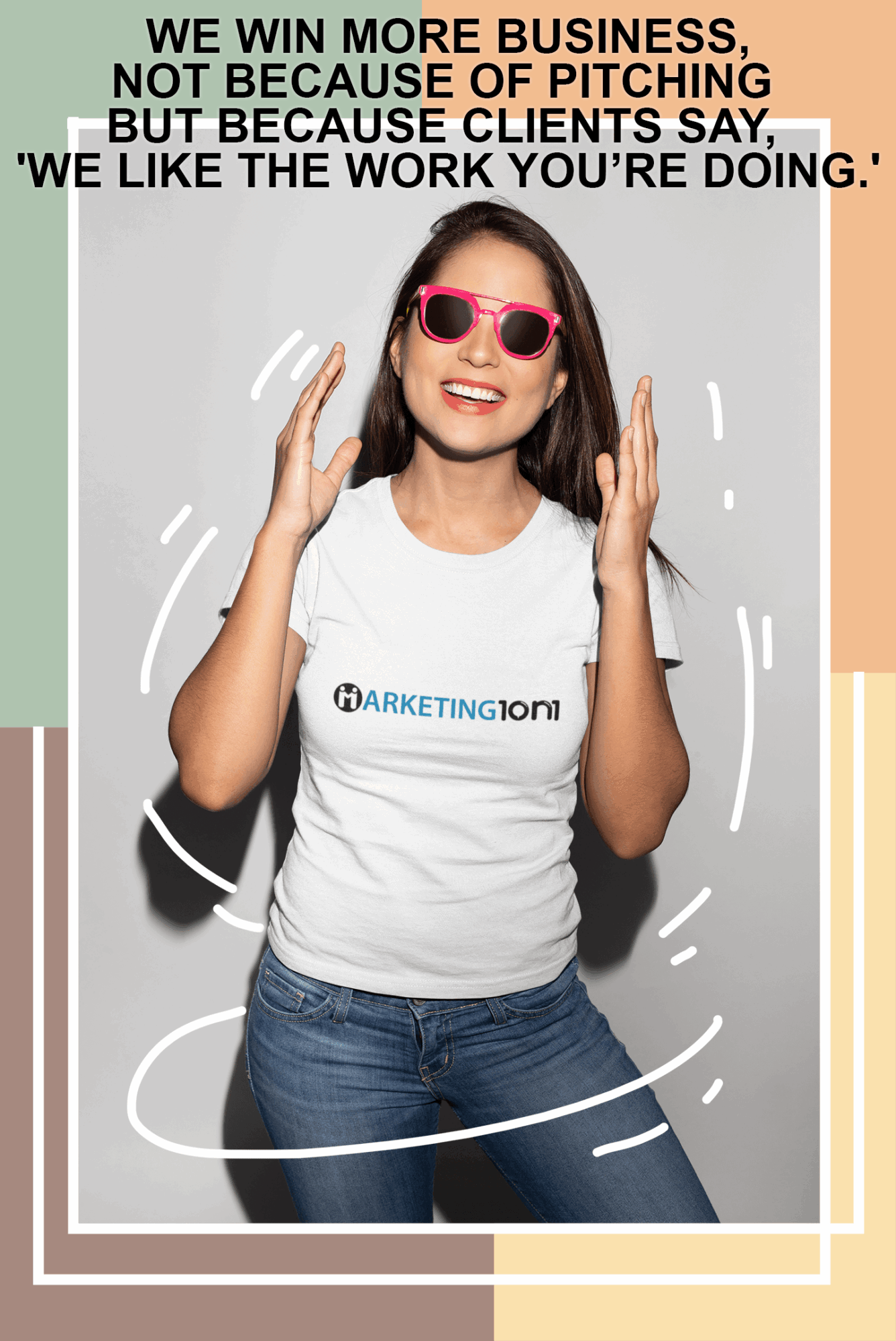 Woman wearing sunglasses and a white t-shirt with text, smiling with hands near her face, standing against a plain background.