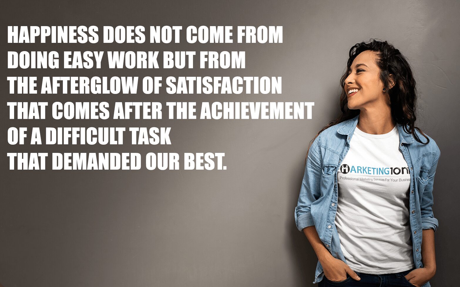 Woman smiling in casual clothing stands next to a quote about happiness and achievement on a gray background.
