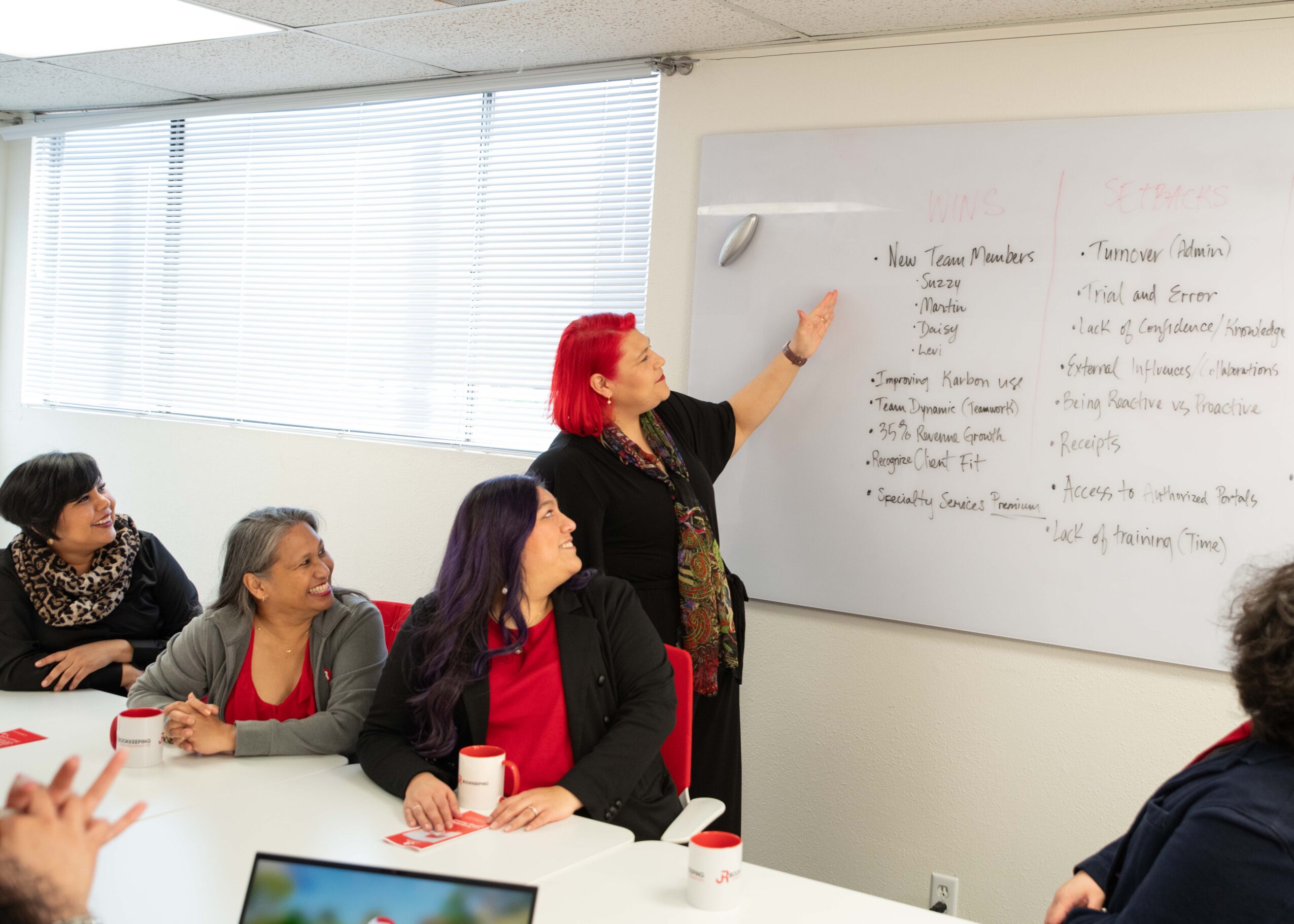 Woman with red hair teaching a class at a whiteboard, with four women seated at a table, some holding cups.