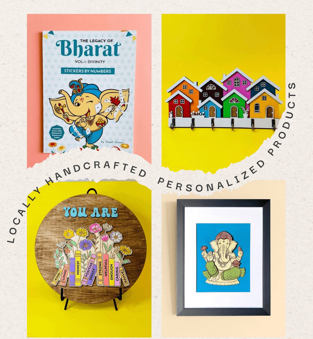 Four colorful greeting cards and a framed picture arranged on a surface, with a yellow background behind some items.