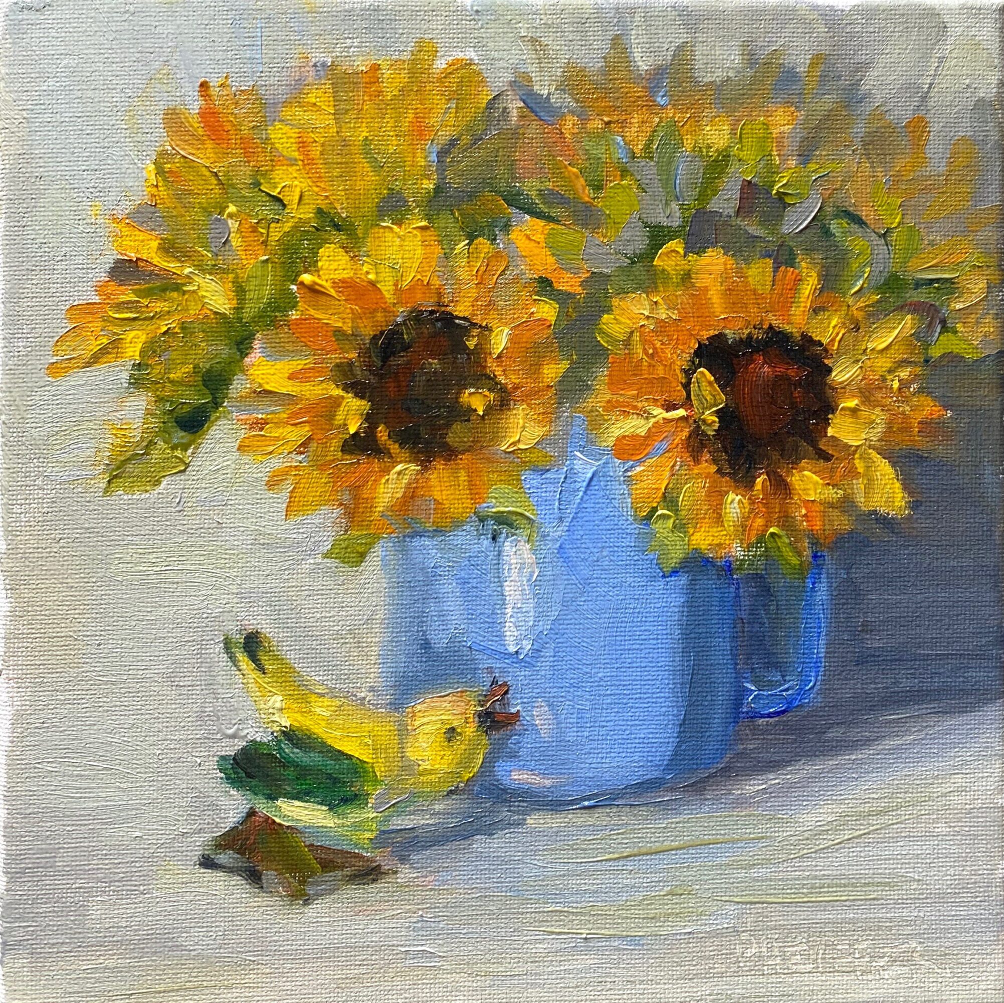 Sunflowers in a blue vase with a small yellow bird figurine nearby, painted in an impressionistic style.
