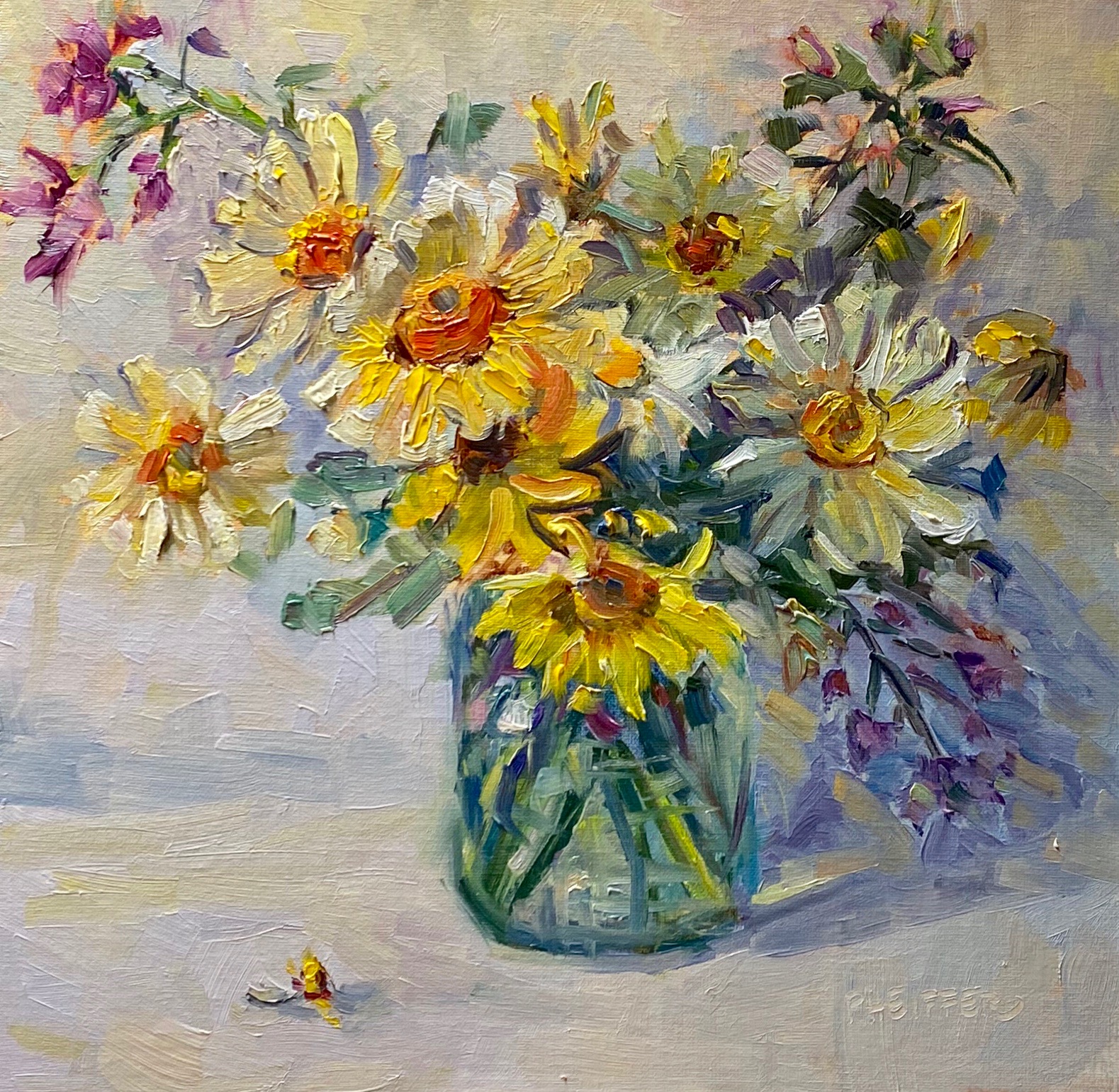 A colorful painting of a bouquet of yellow and white flowers in a glass vase on a light surface.