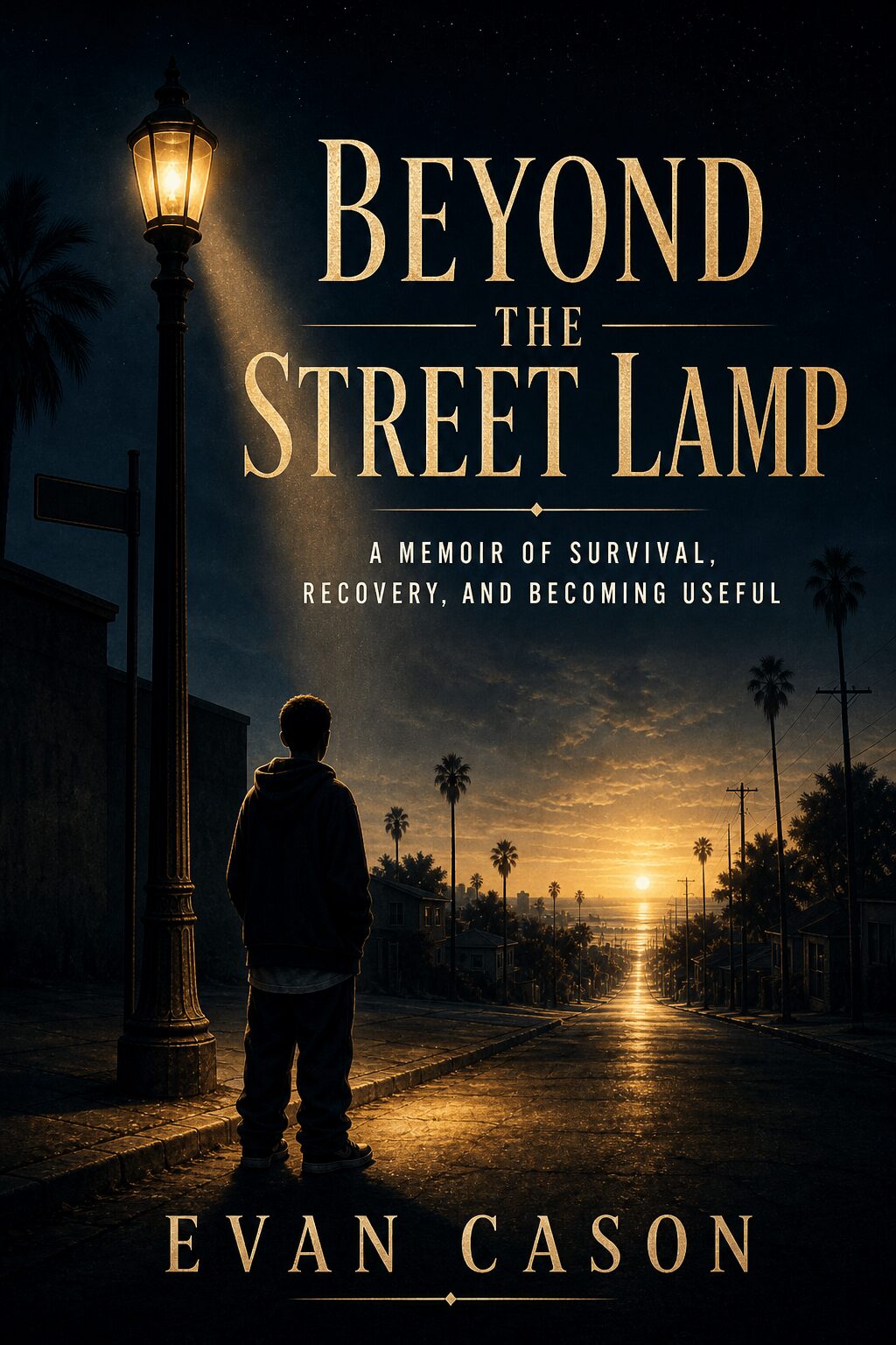 Night scene with a streetlamp, a person standing, and palm trees, with sunset in the background, book cover design.