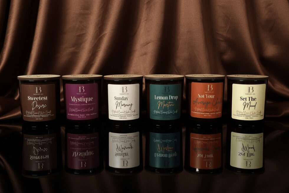 Ten candles with different labels on a reflective surface, against a brown fabric background.