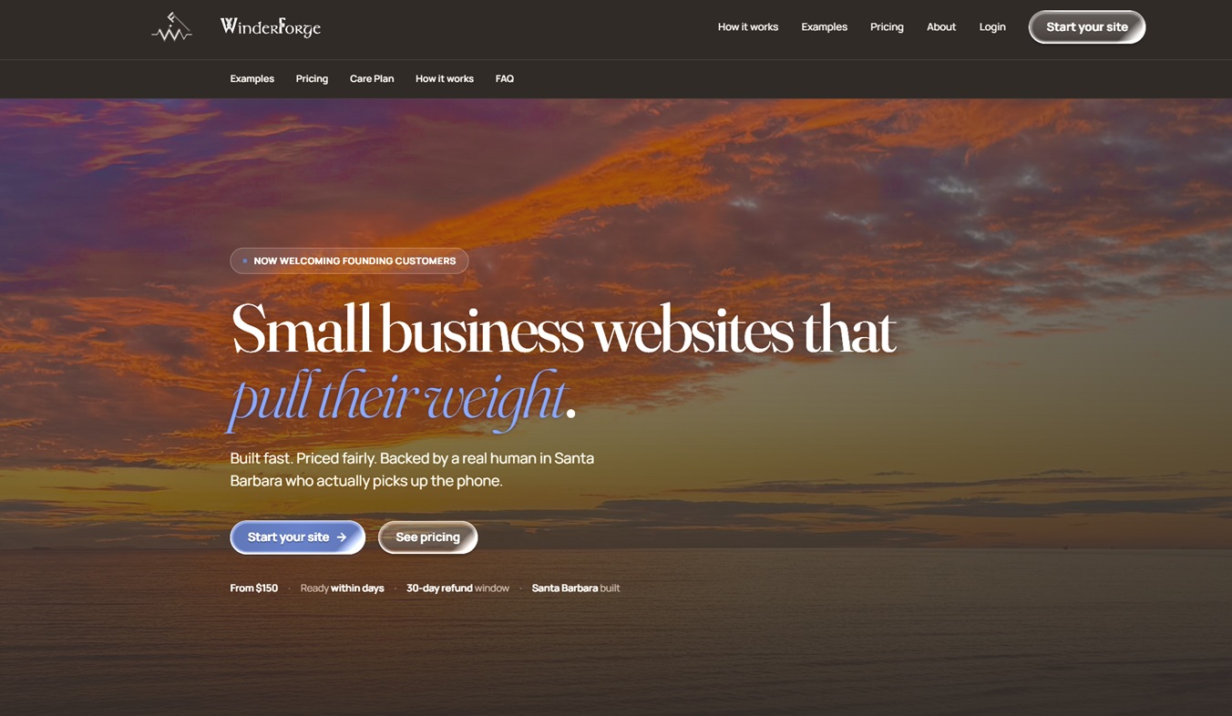 Website homepage with sunset sky background, text about small business websites, and buttons for start now and pricing.