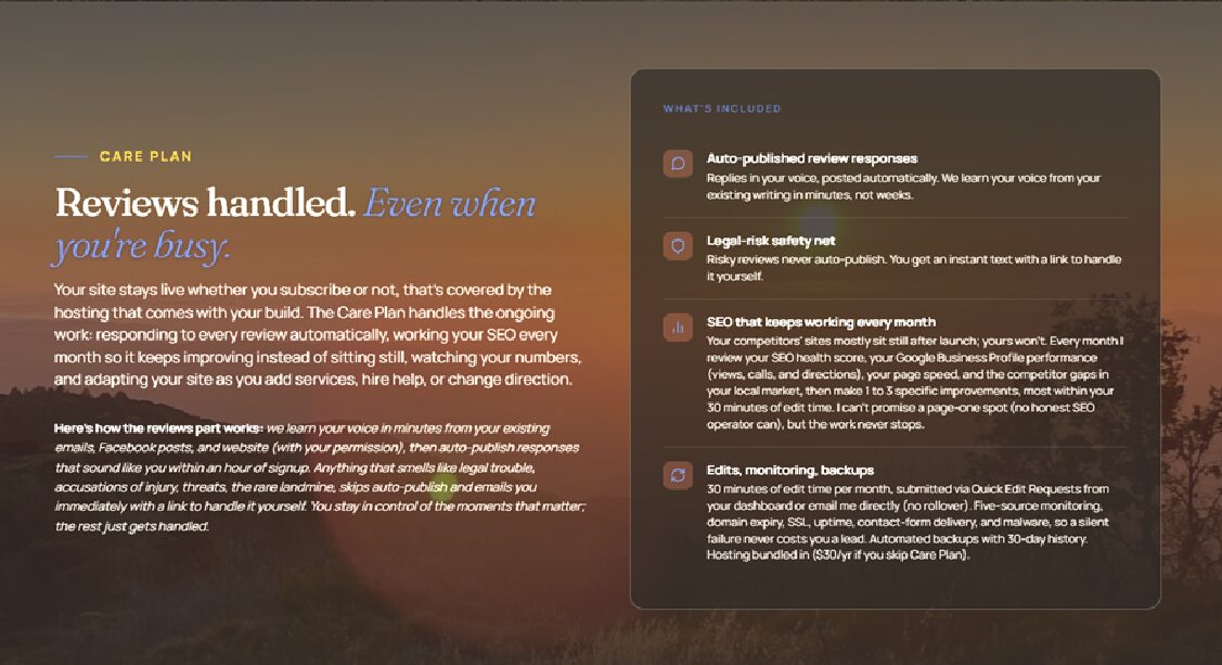 A landscape image with a sunset or sunrise sky, over a body of water, and a text overlay about reviews and safety.