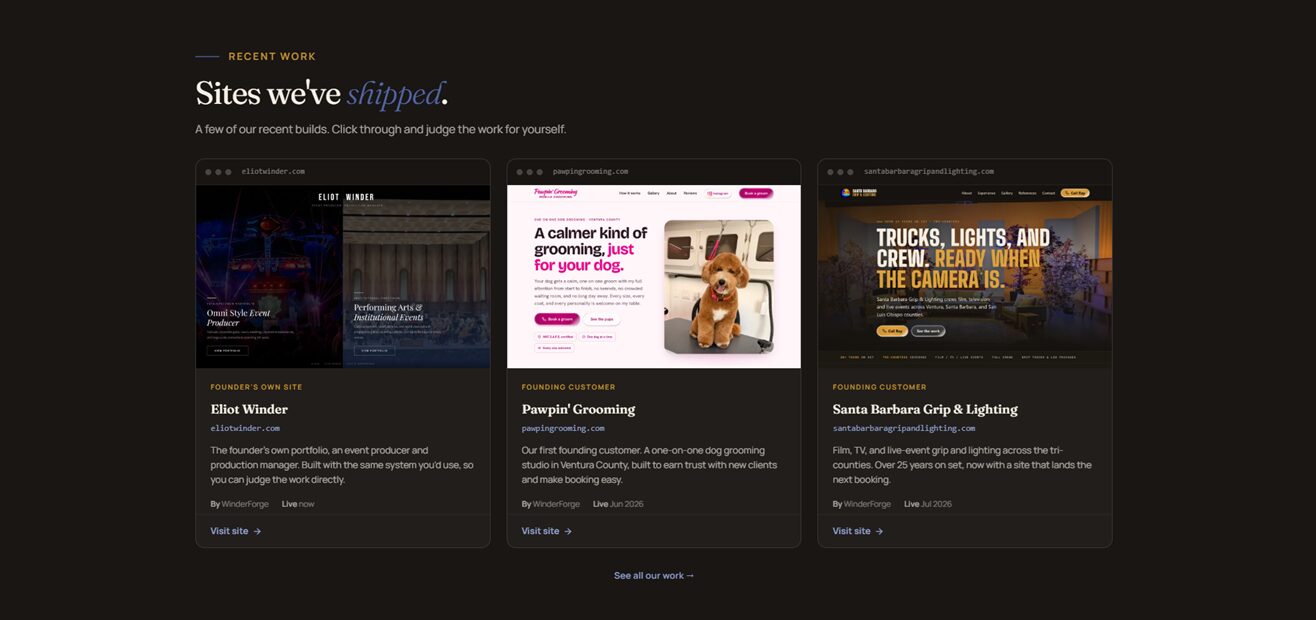 Three website thumbnails on a dark background, each with a title and description, showcasing different content types.