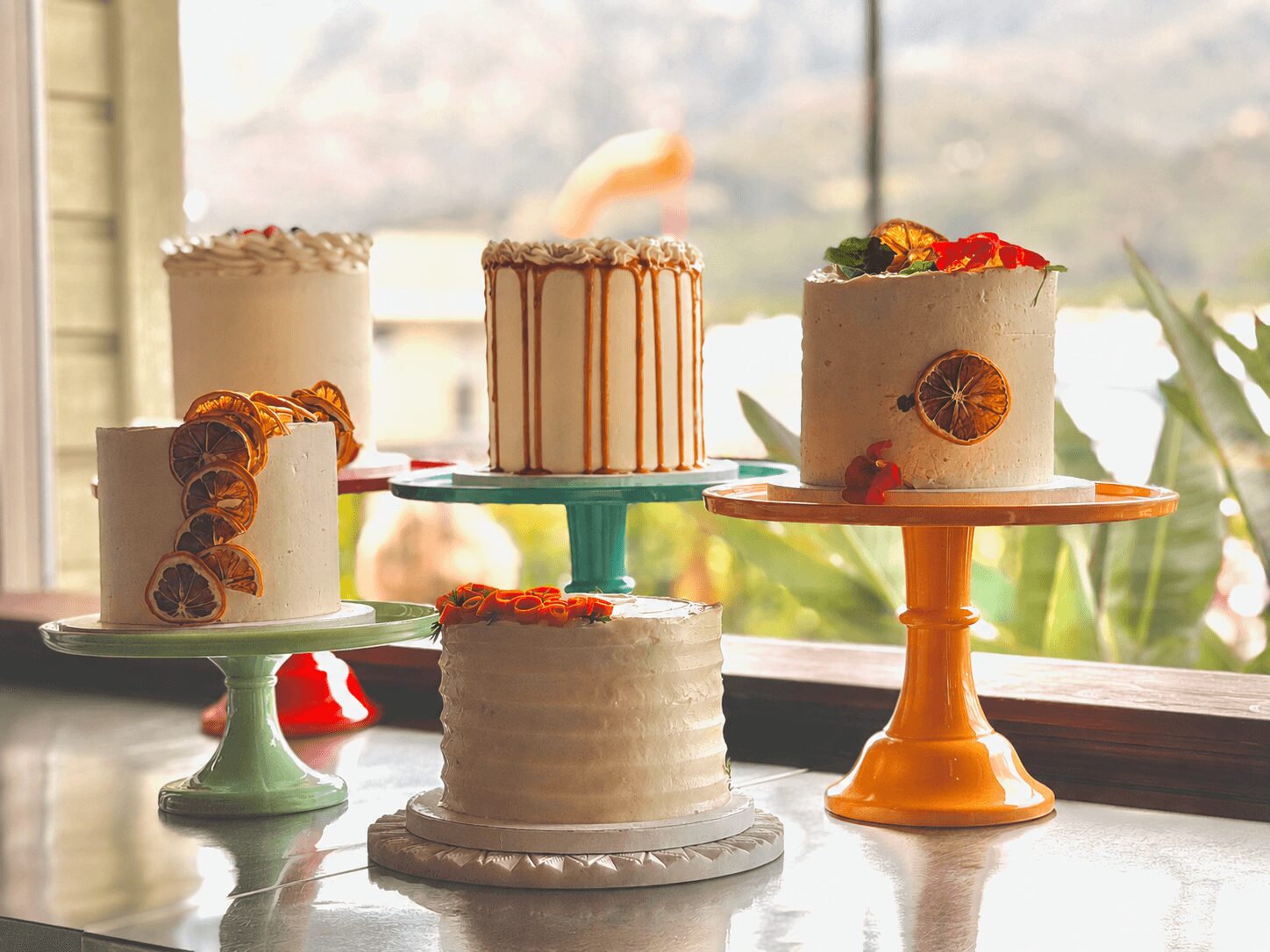 Five decorated cakes on colorful cake stands with a window and outdoor scenery in the background.