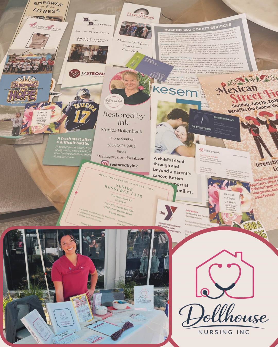 Table with various papers, flyers, and brochures spread out, some overlapping, with a woman in a pink shirt in a separate inset photo.