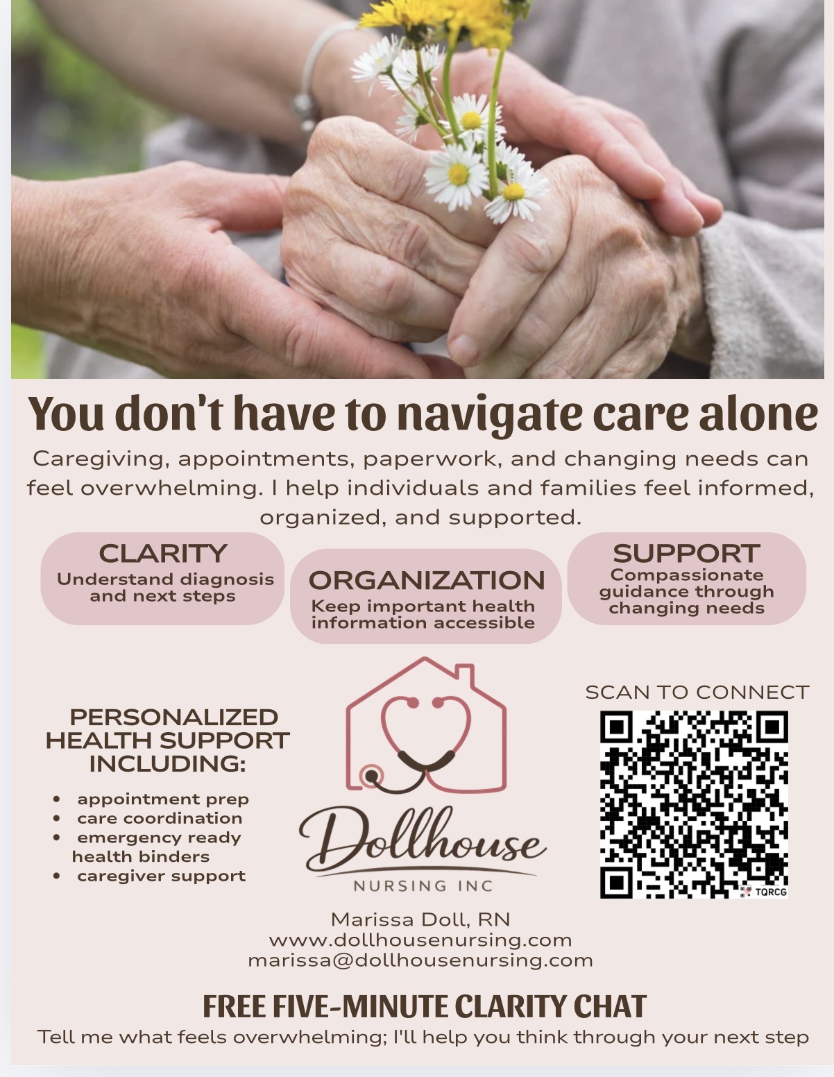 Close-up of hands holding a small bouquet of flowers, with a caregiver's hand supporting an elderly person's hand. Text about caregiving support and services.