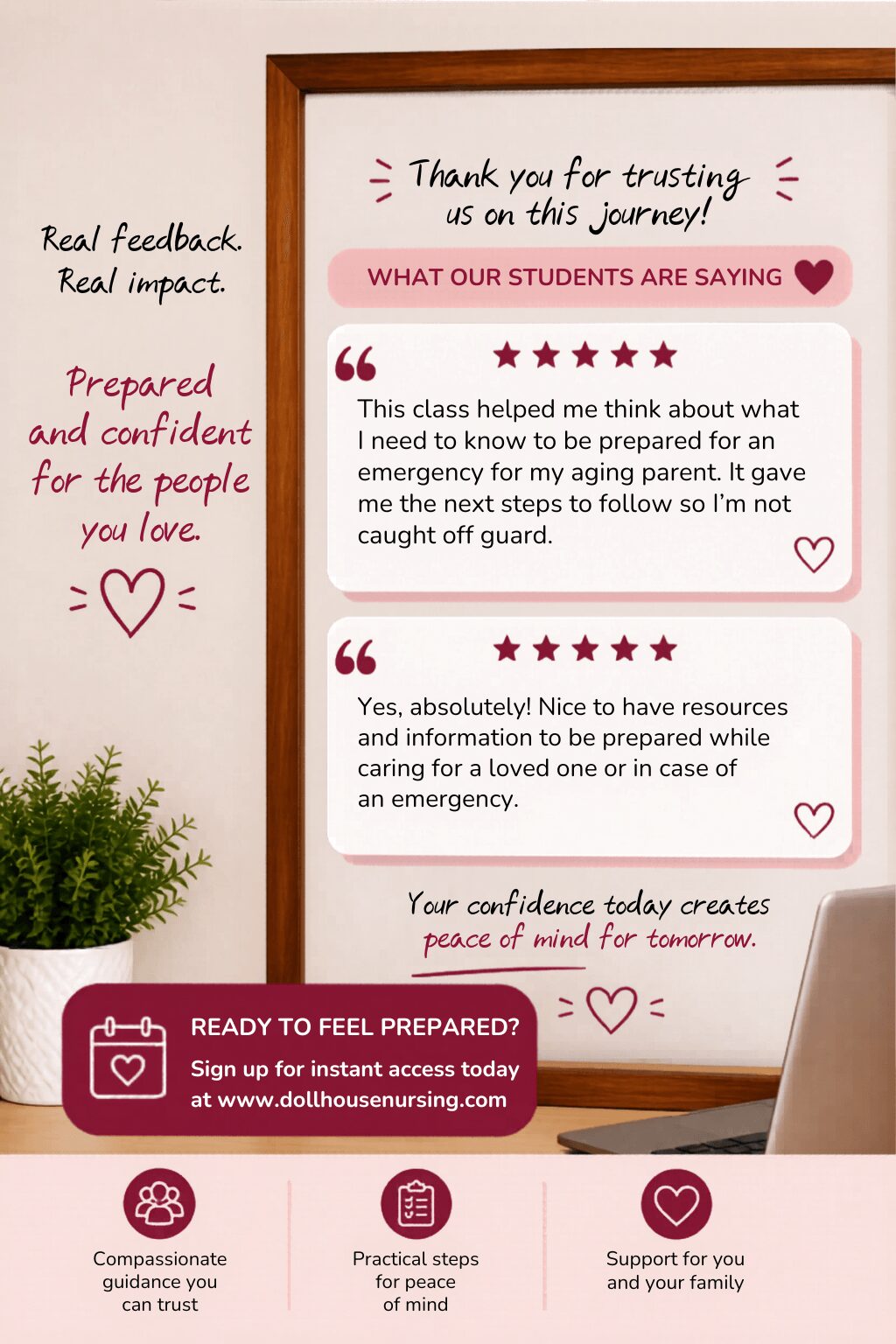 Framed quote on wall, potted plant on surface, pink and white paper with positive messages, pink banner at bottom, and pink heart icons.