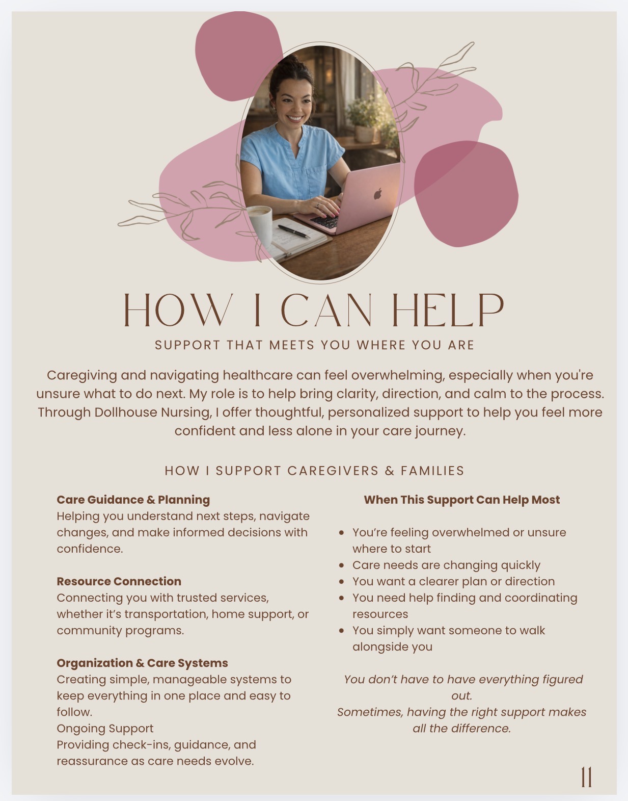 Woman smiling at a laptop, sitting at a desk with a notebook, in a pink and beige background with text about caregiving support.