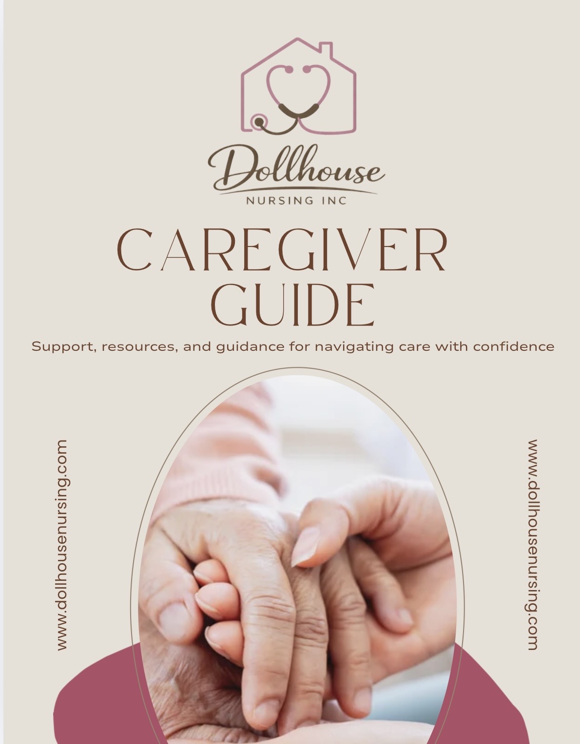 Caregiver holding a baby's hand, with text about a guide for caregiving support and resources, and a logo of a house with a heart.