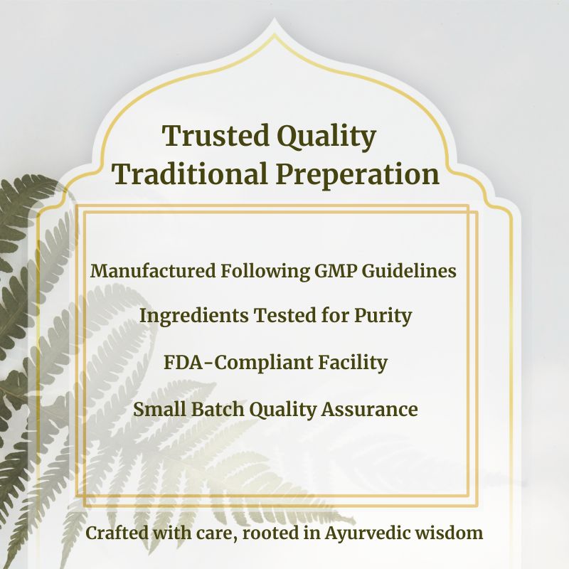Text on a decorative background with a plant, highlighting quality, traditional preparation, and guidelines, in a formal style.