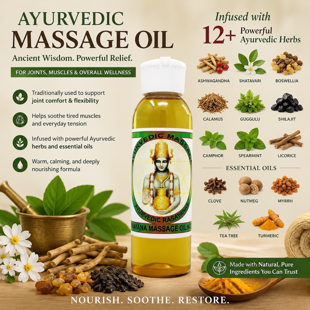 Bottle of Ayurvedic massage oil with herbs, surrounded by herbs, flowers, and a wooden spoon, promoting wellness and relaxation.