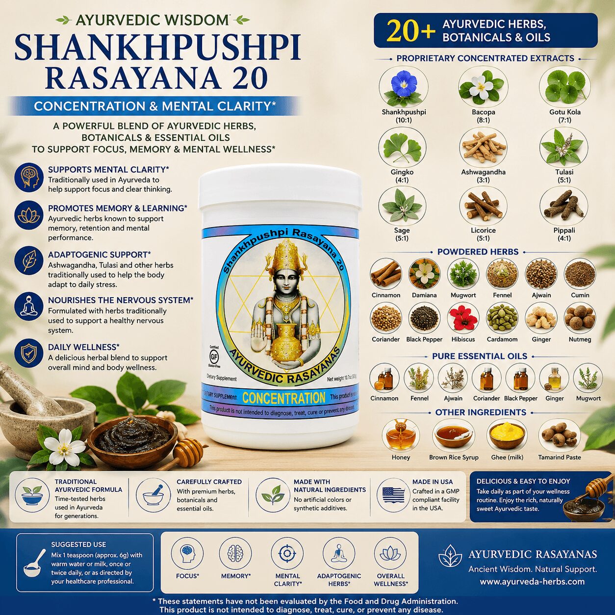 Label for Shankhpushpi Rasayana 20, herbal supplement with images of herbs, ingredients, and a central figure of a deity, with text about benefits.