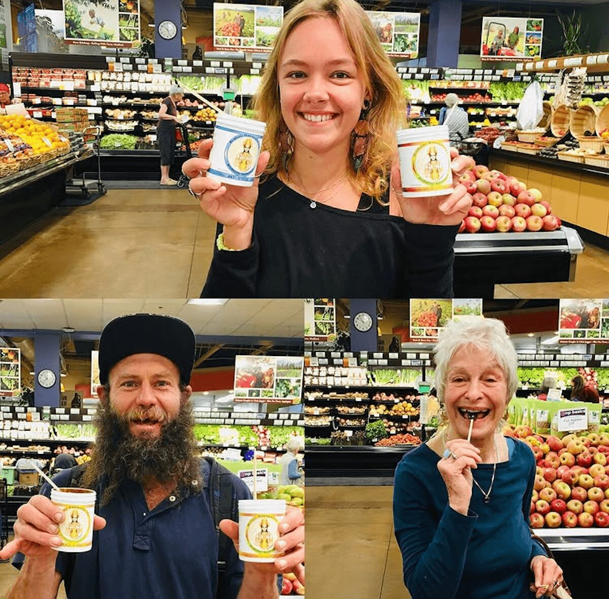 Three people smiling in a grocery store holding cups of yogurt, with produce in the background.