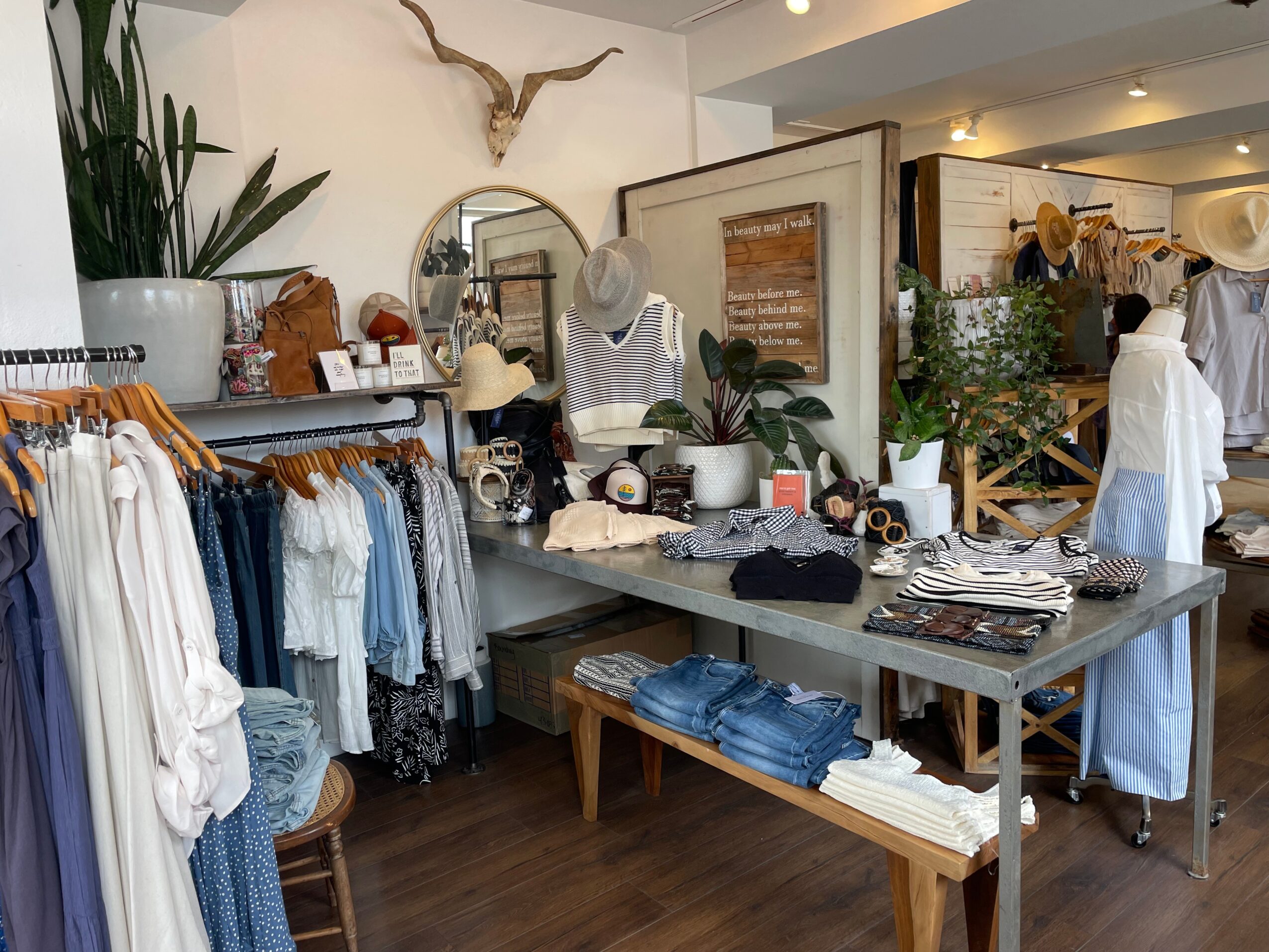 Clothing store interior with racks of clothes, a table with folded garments, and decorative plants and artwork.