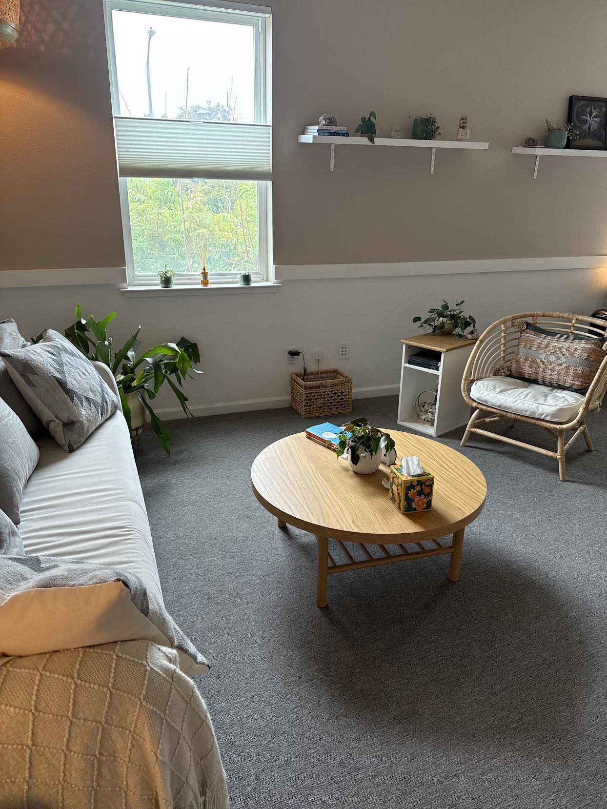 Living room with window, sofa, round coffee table, wicker chair, and wall shelf with plants and decor.