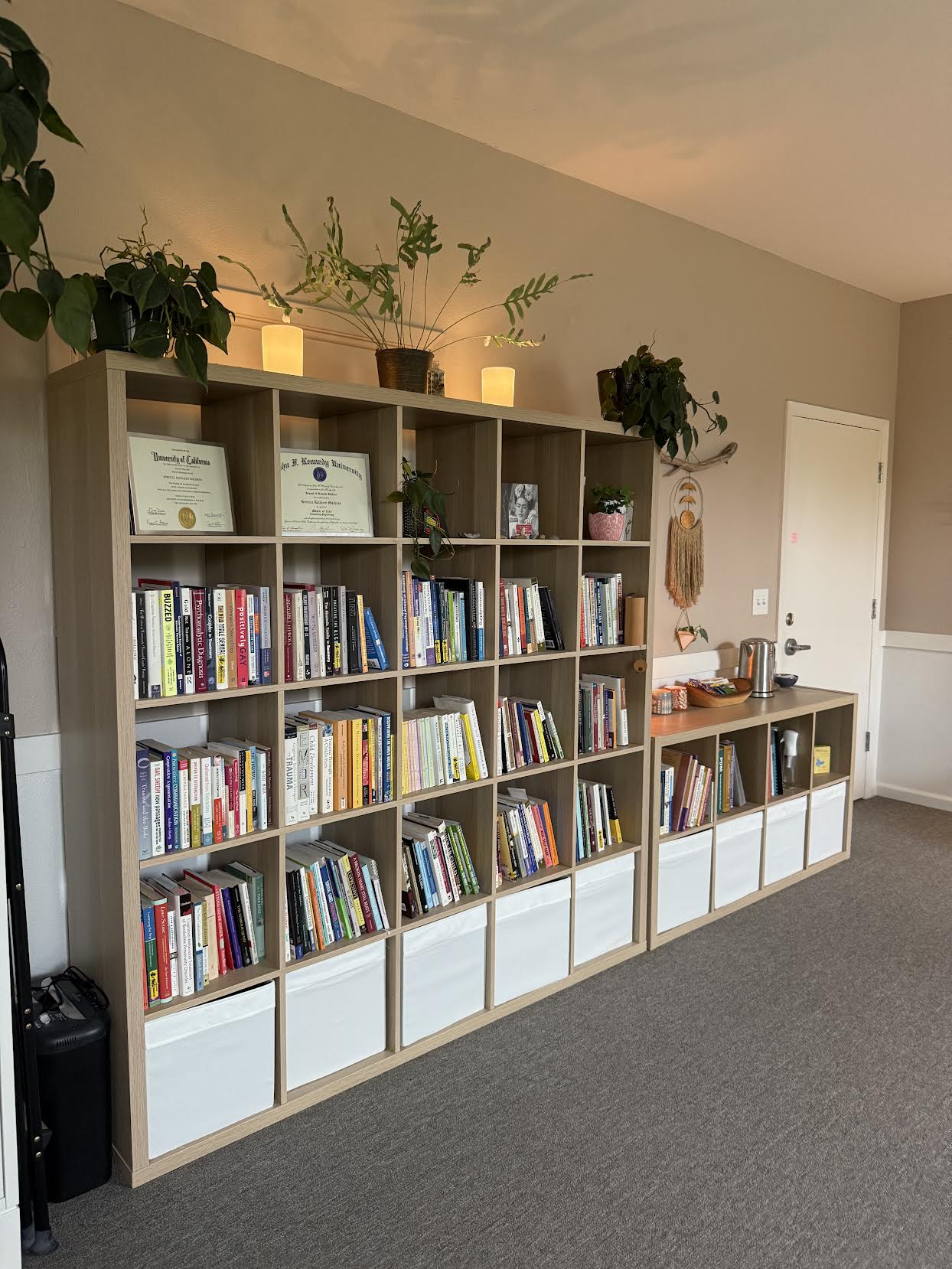 Wooden bookshelf filled with books, plants on top, in a room with a door and a small desk nearby.