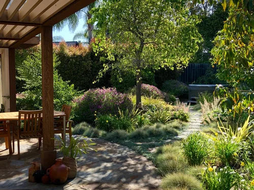 Garden with trees, bushes, and a pathway, shaded by a wooden structure, bright sunlight, lush greenery, and colorful plants.