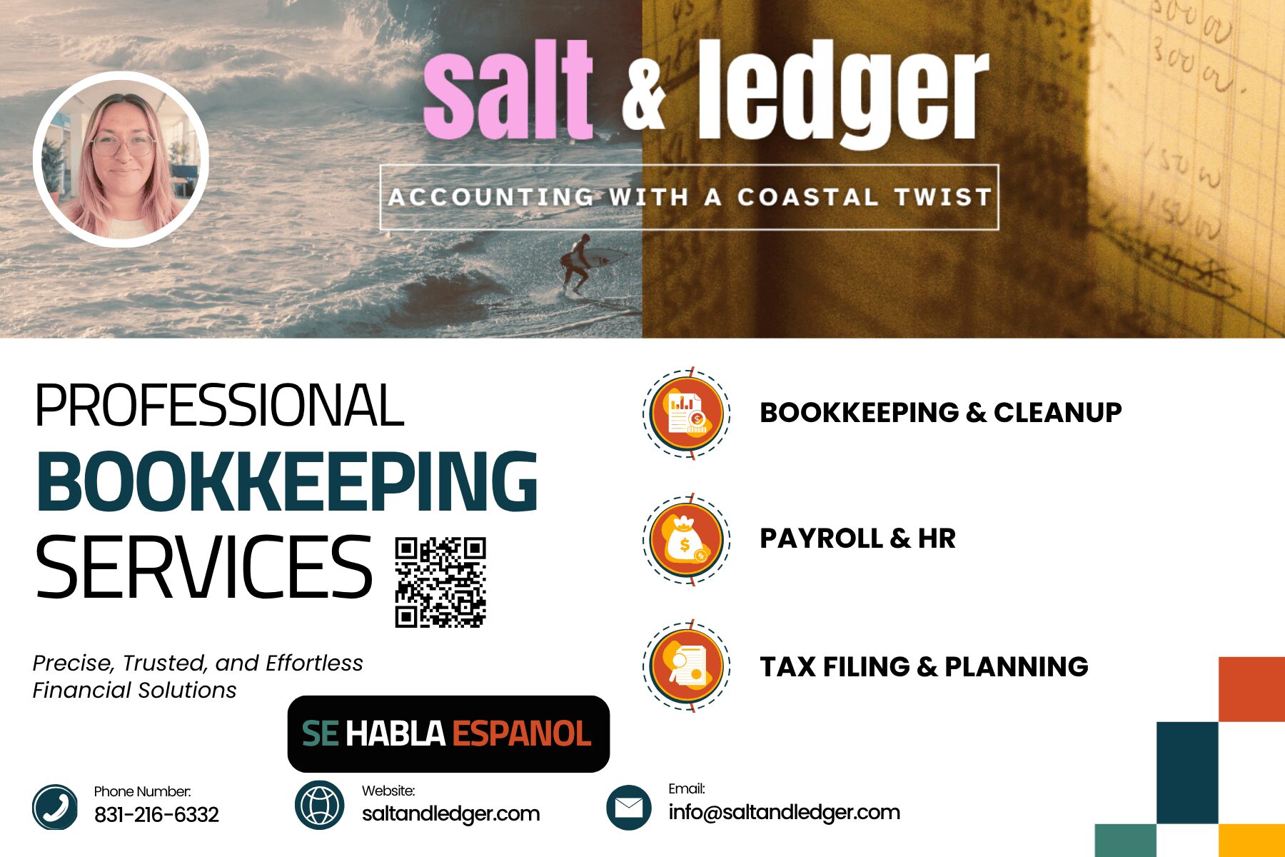 Bookkeeping services advertisement with logo, contact info, and icons for bookkeeping, payroll, and tax planning.