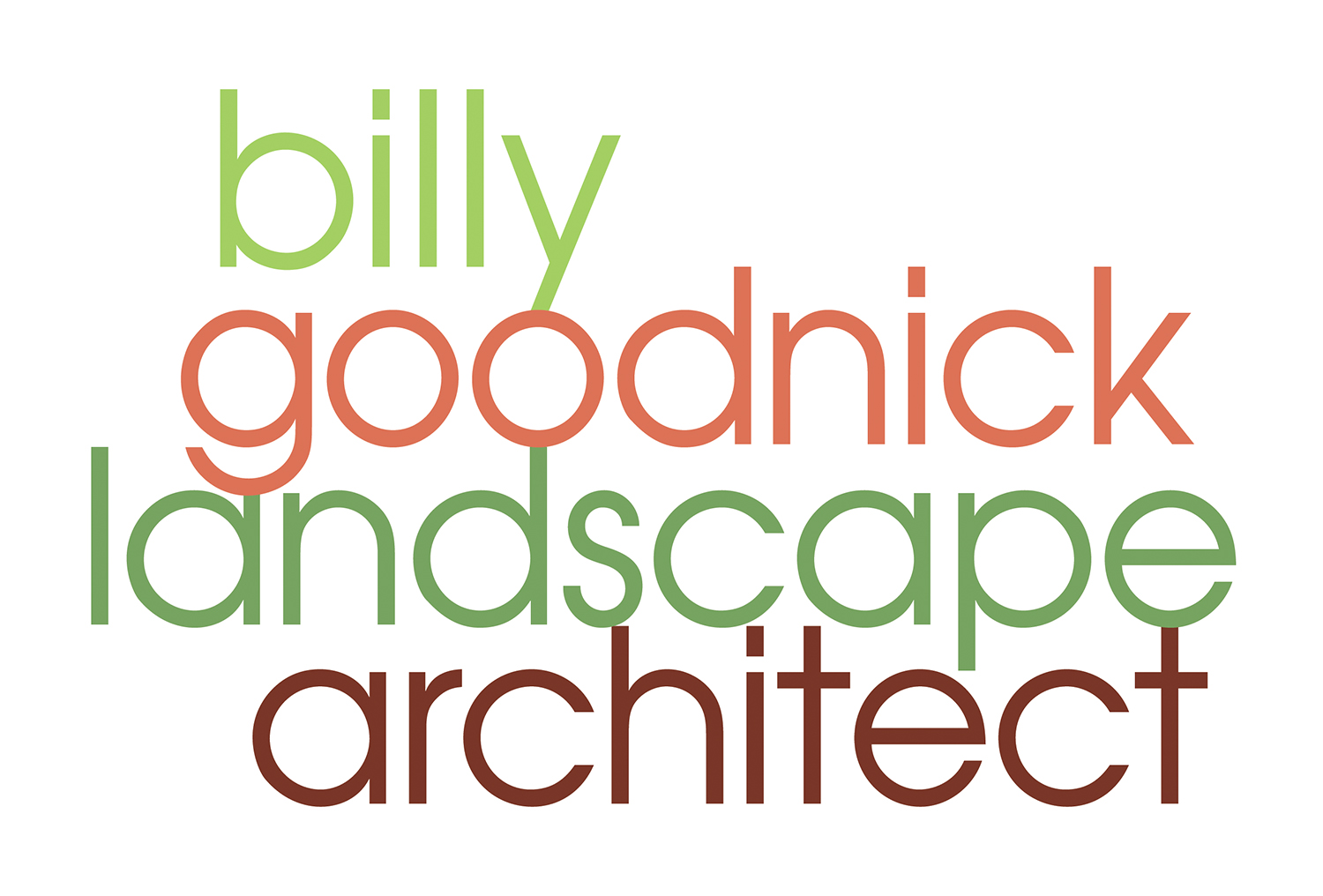 Text-based logo with the words 'billy', 'landscape', 'goodnick', and 'architect' in different colors and sizes.